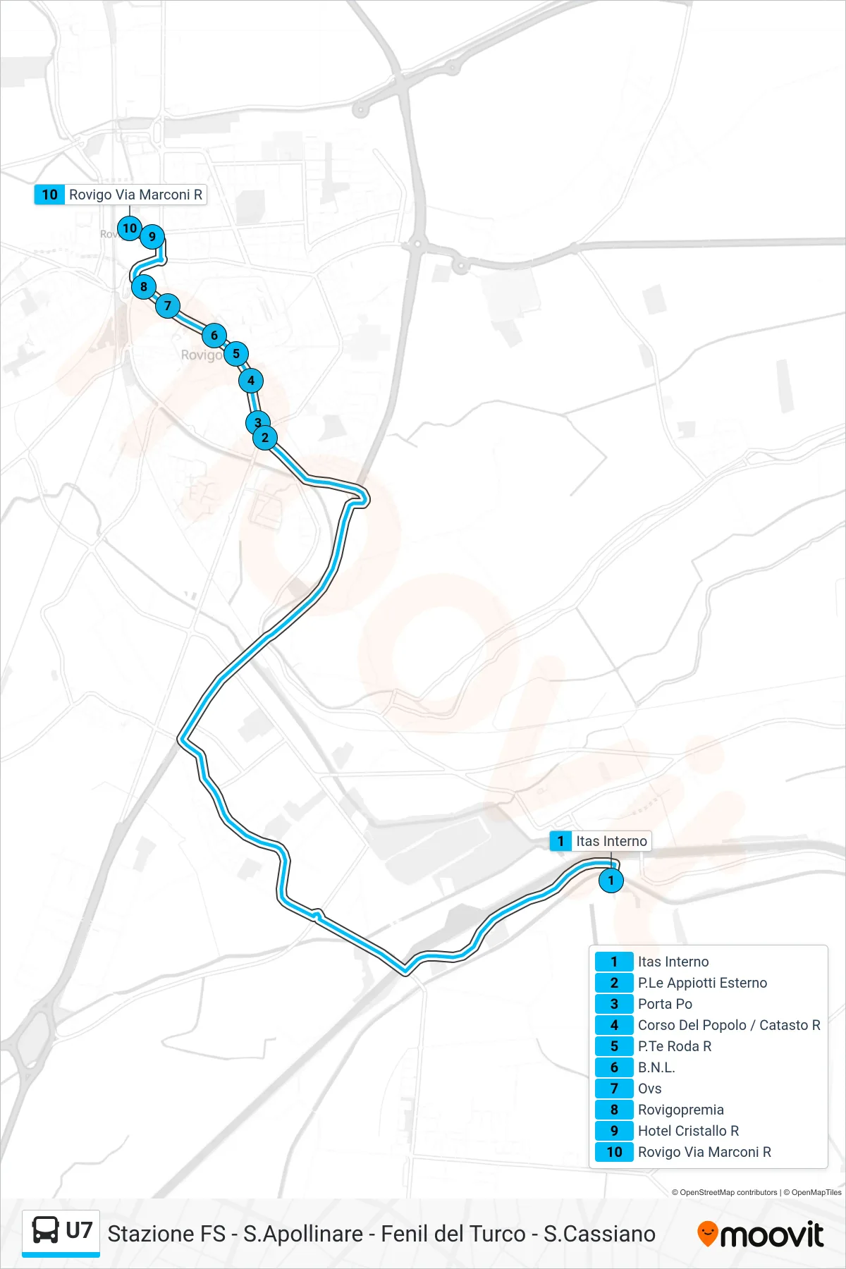 Linea U7 bus (Itas > Stazione FS) - Percorsi e fermate sulla mappa