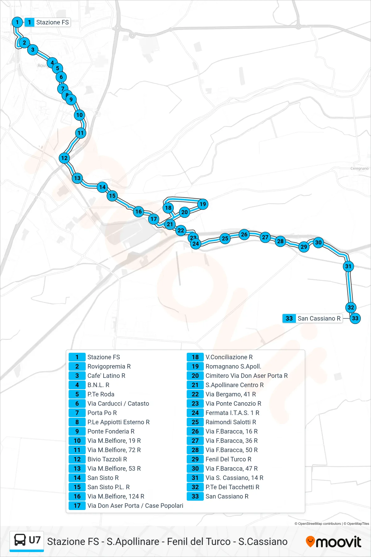 Linea U7  bus (Stazione FS > Piazzale Appiotti > Romagnano > S. Cassiano) - Percorsi e fermate sulla mappa