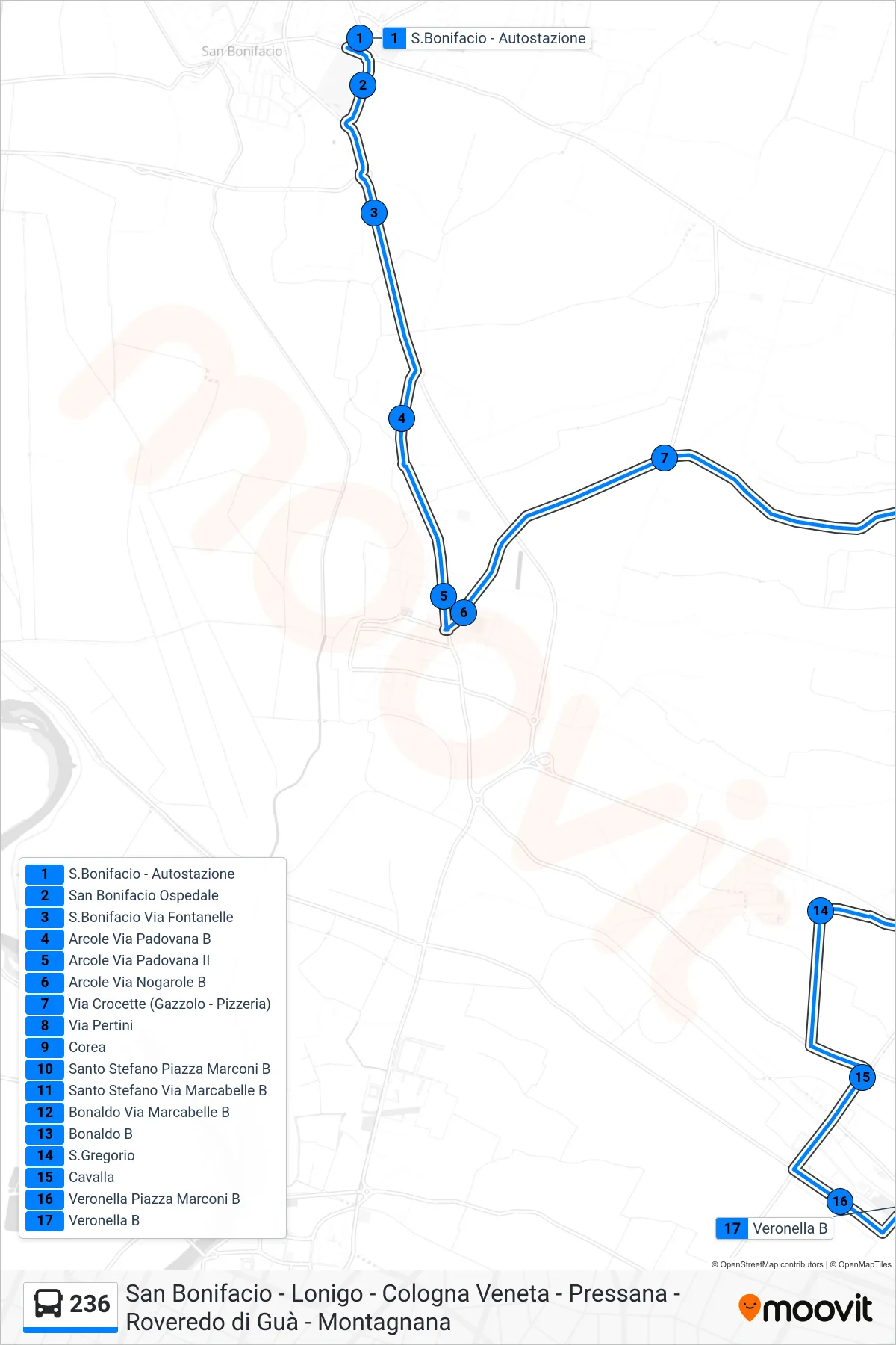 Linea 236  bus (Veronella) - Percorsi e fermate sulla mappa