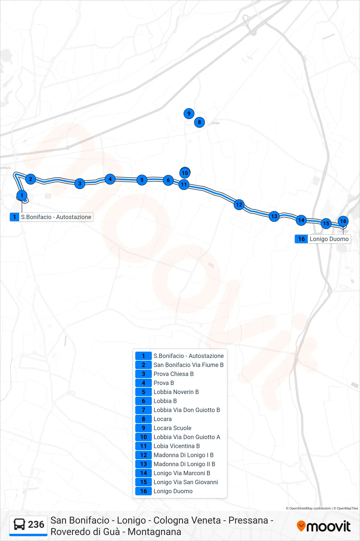 Linea 236  bus (Lonigo) - Percorsi e fermate sulla mappa