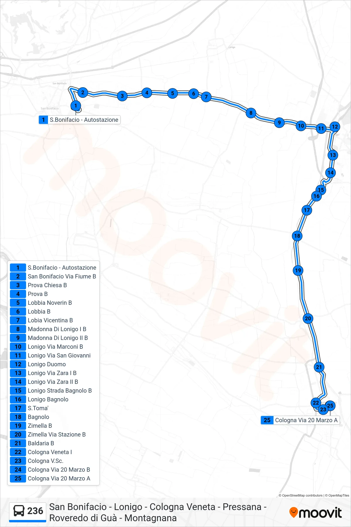 Linea 236  bus (Cologna Veneta) - Percorsi e fermate sulla mappa