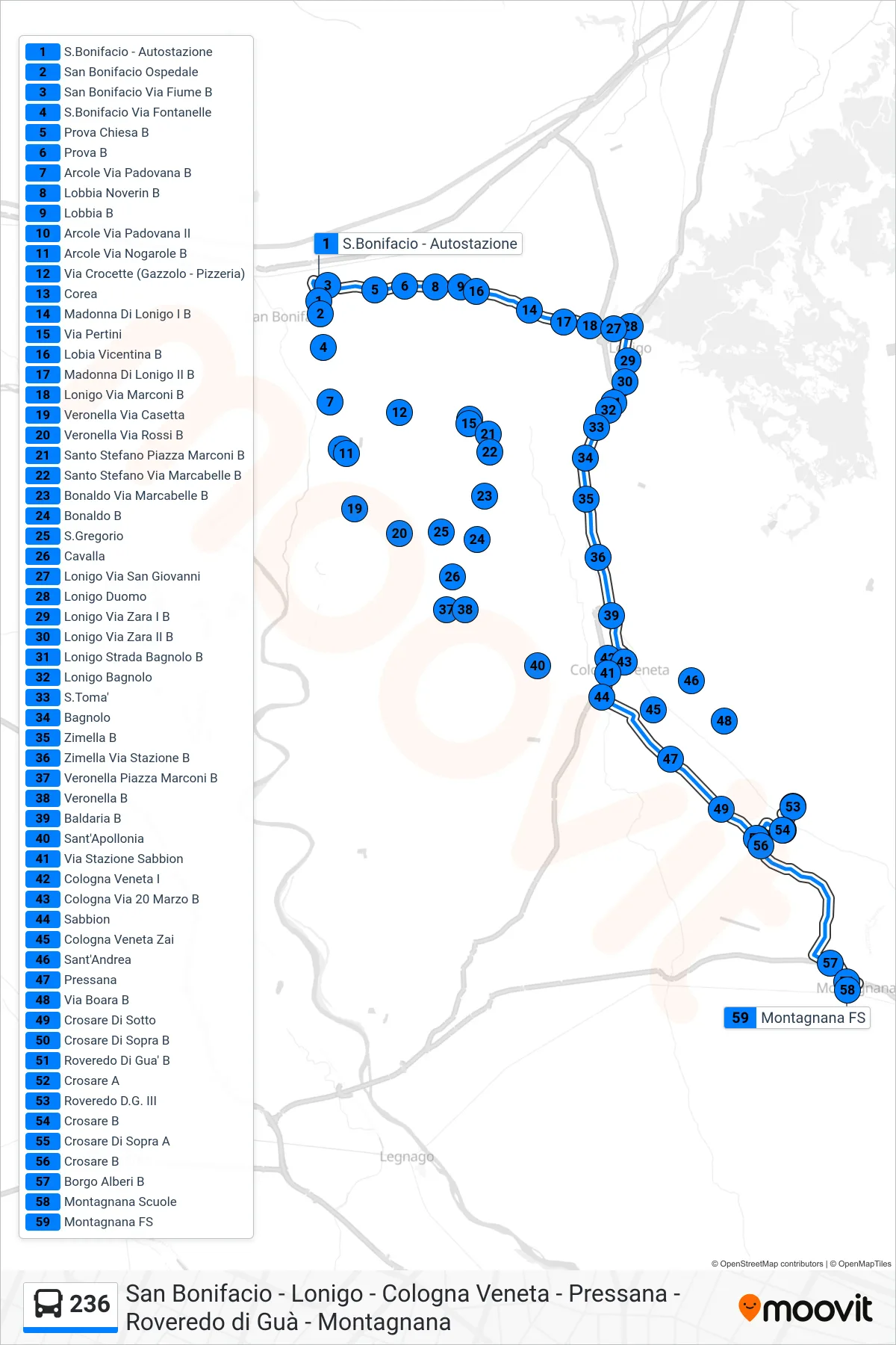 Linea 236  bus (Montagnana) - Percorsi e fermate sulla mappa