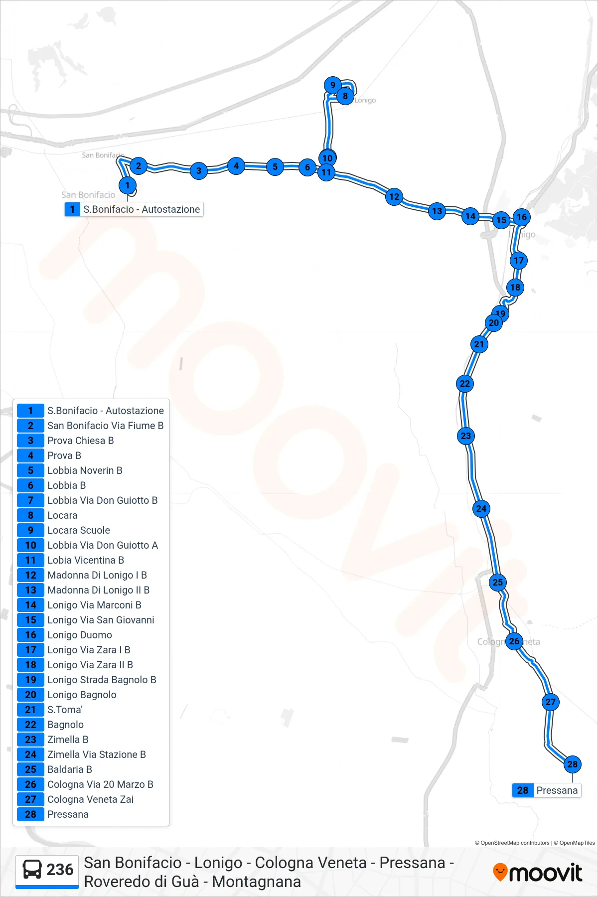 Linea 236 bus (Pressana) - Percorsi e fermate sulla mappa