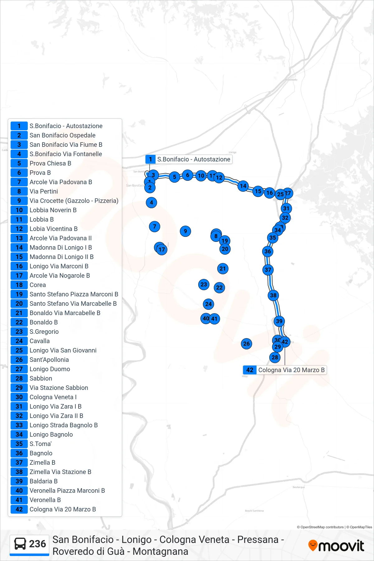 Linea 236 bus (Cologna Veneta) - Percorsi e fermate sulla mappa