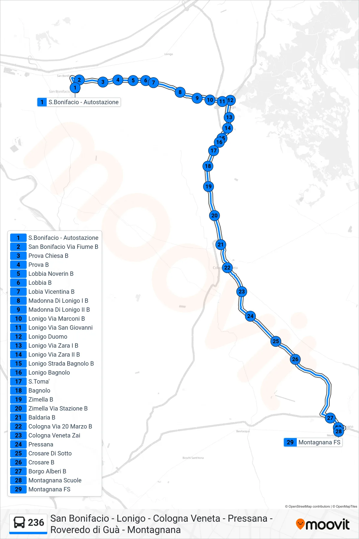 Linea 236 bus (Montagnana) - Percorsi e fermate sulla mappa