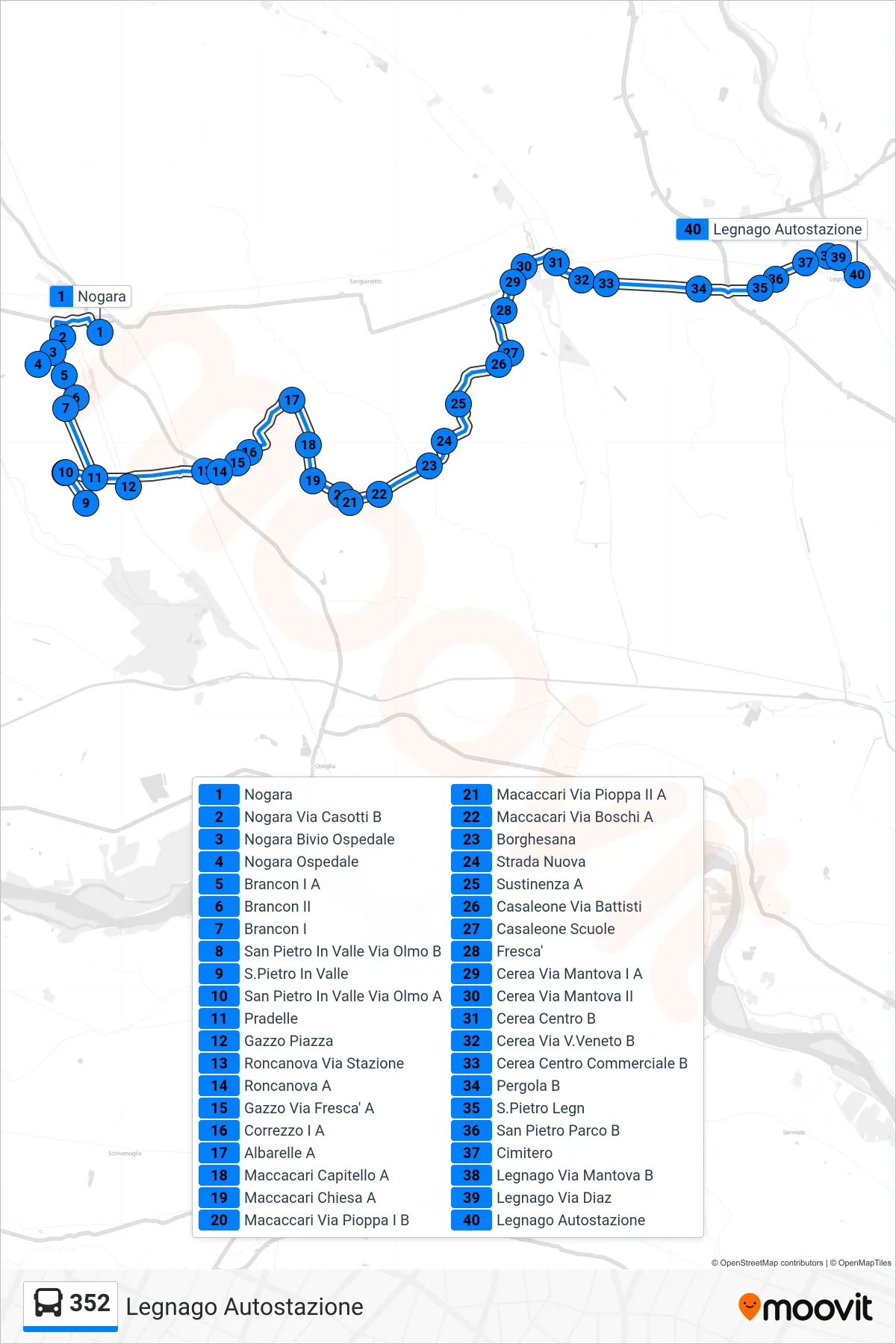 Linea 352 bus (Legnago Autostazione) - Percorsi e fermate sulla mappa