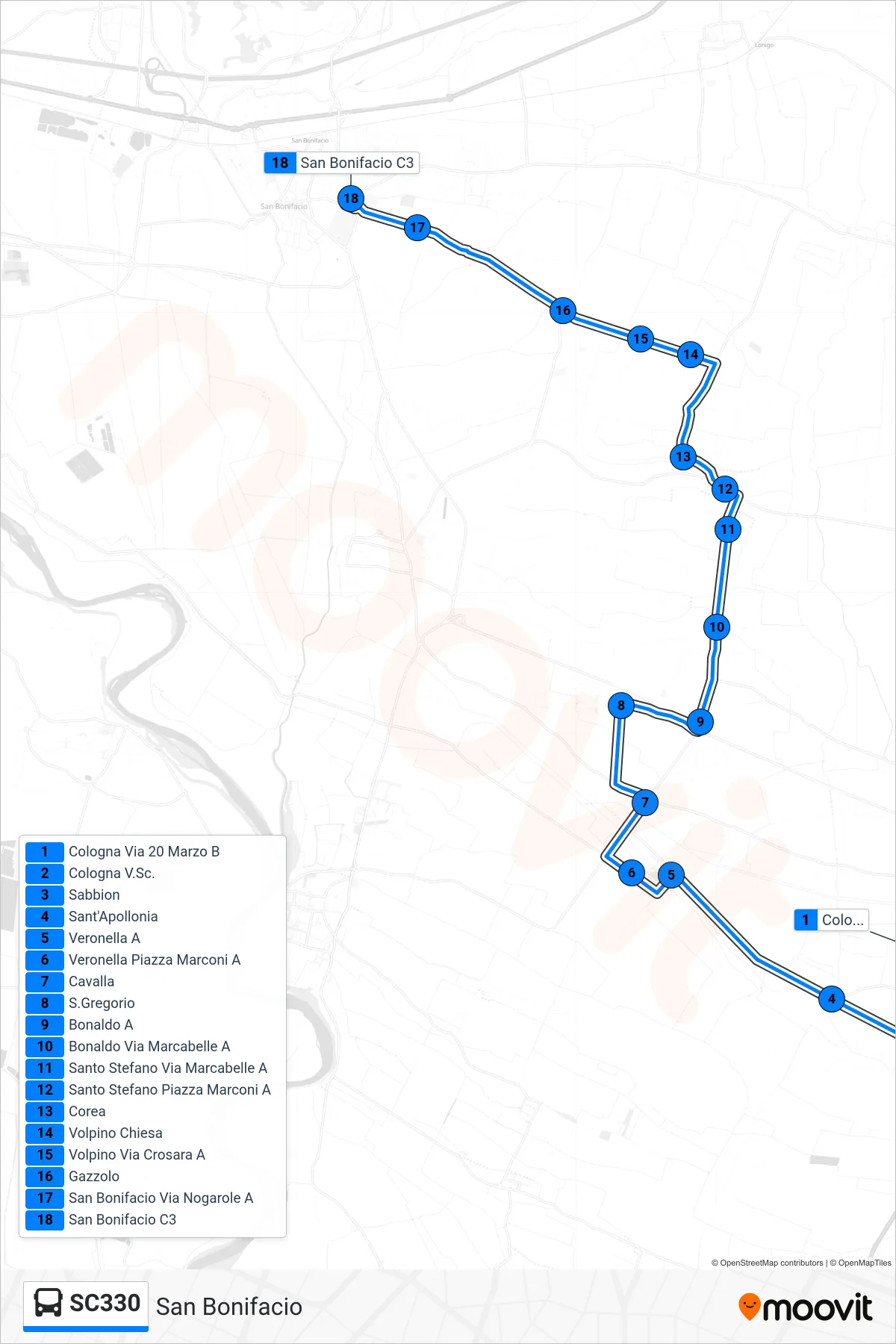 Linea SC330 bus (San Bonifacio) - Percorsi e fermate sulla mappa