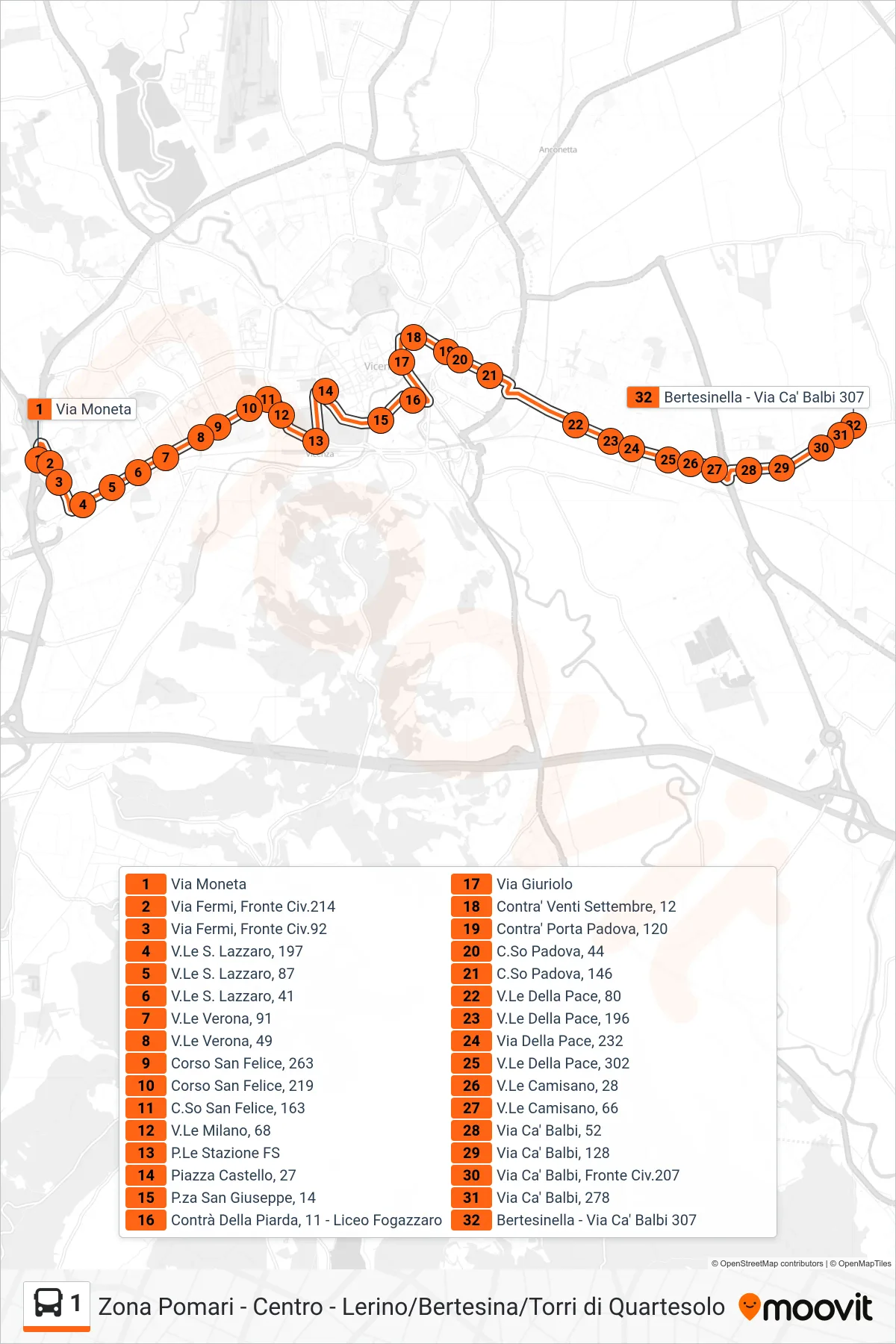 Linea 1  bus (Via Moneta > Bertesinella) - Percorsi e fermate sulla mappa