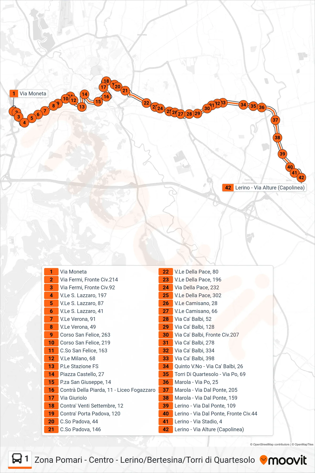 Linea 1  bus (Via Moneta > Lerino) - Percorsi e fermate sulla mappa