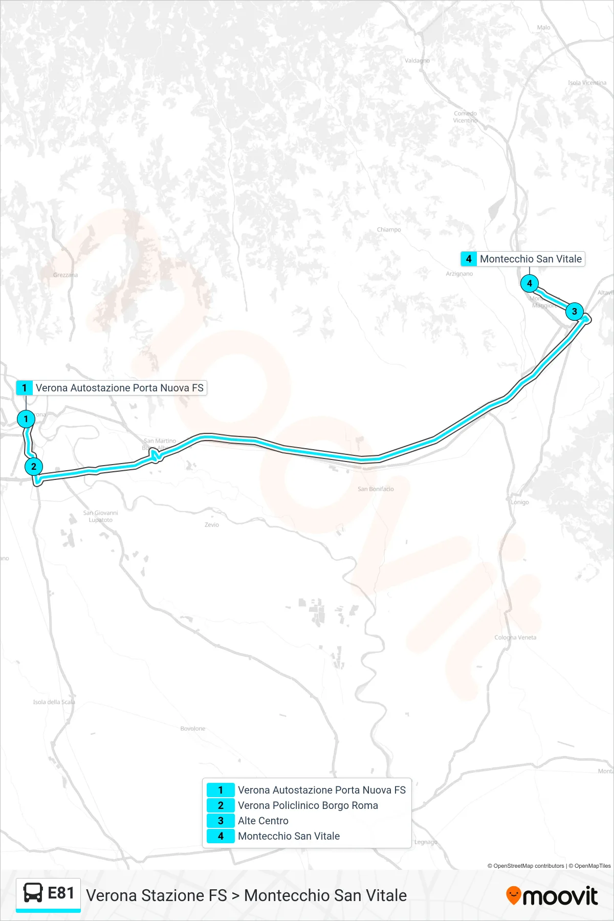 Linea E81 bus (Verona Stazione FS > Montecchio San Vitale) - Percorsi e fermate sulla mappa