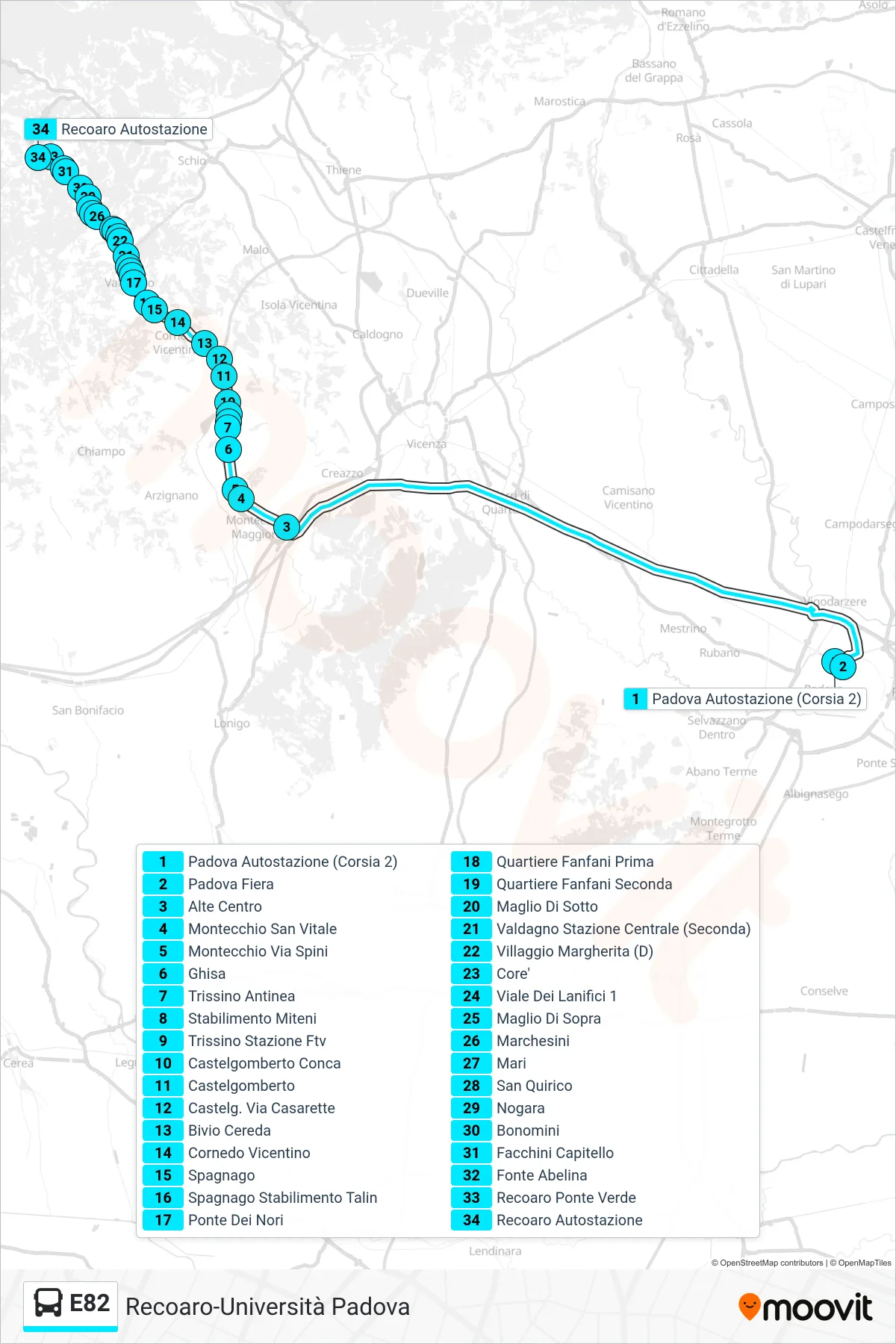 Linea E82  bus (Padova > Alte Ceccato > Recoaro) - Percorsi e fermate sulla mappa