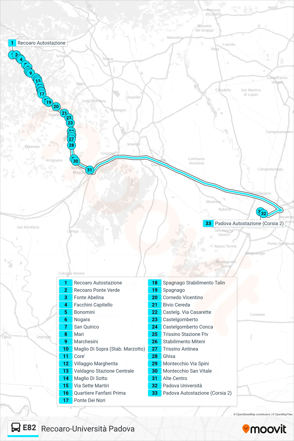 Linea E82 bus (Recoaro > Alte Centro > Padova Università) - Percorsi e fermate sulla mappa