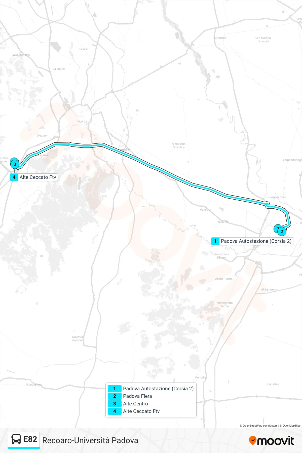 Linea E82 bus (Padova > Alte Ceccato Ftv) - Percorsi e fermate sulla mappa
