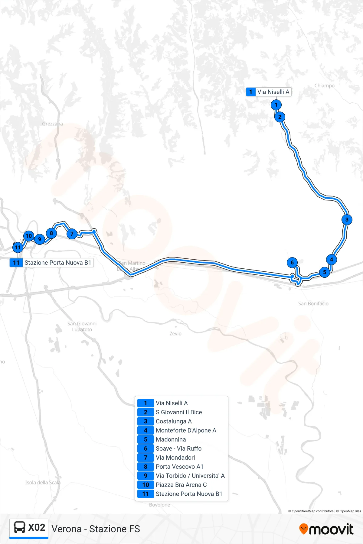 Linea X02 bus (Verona - Stazione FS) - Percorsi e fermate sulla mappa