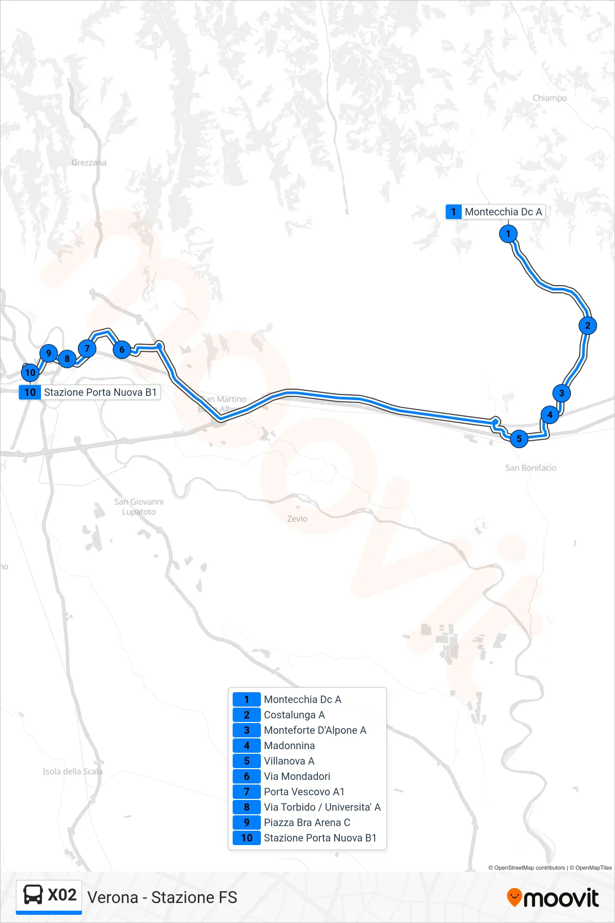 Linea X02 bus (Verona - Stazione FS) - Percorsi e fermate sulla mappa