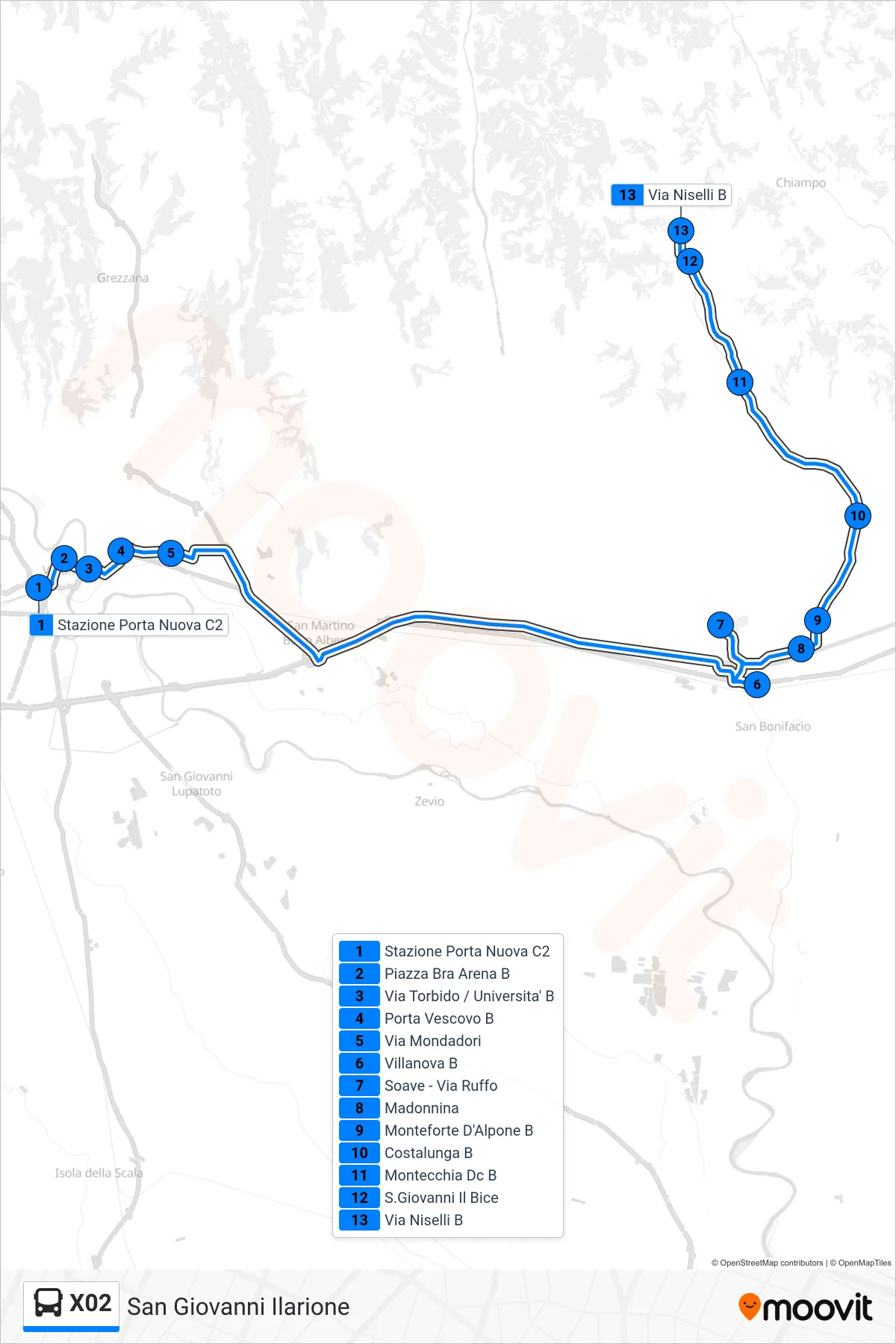 Linea X02 bus (San Giovanni Ilarione) - Percorsi e fermate sulla mappa