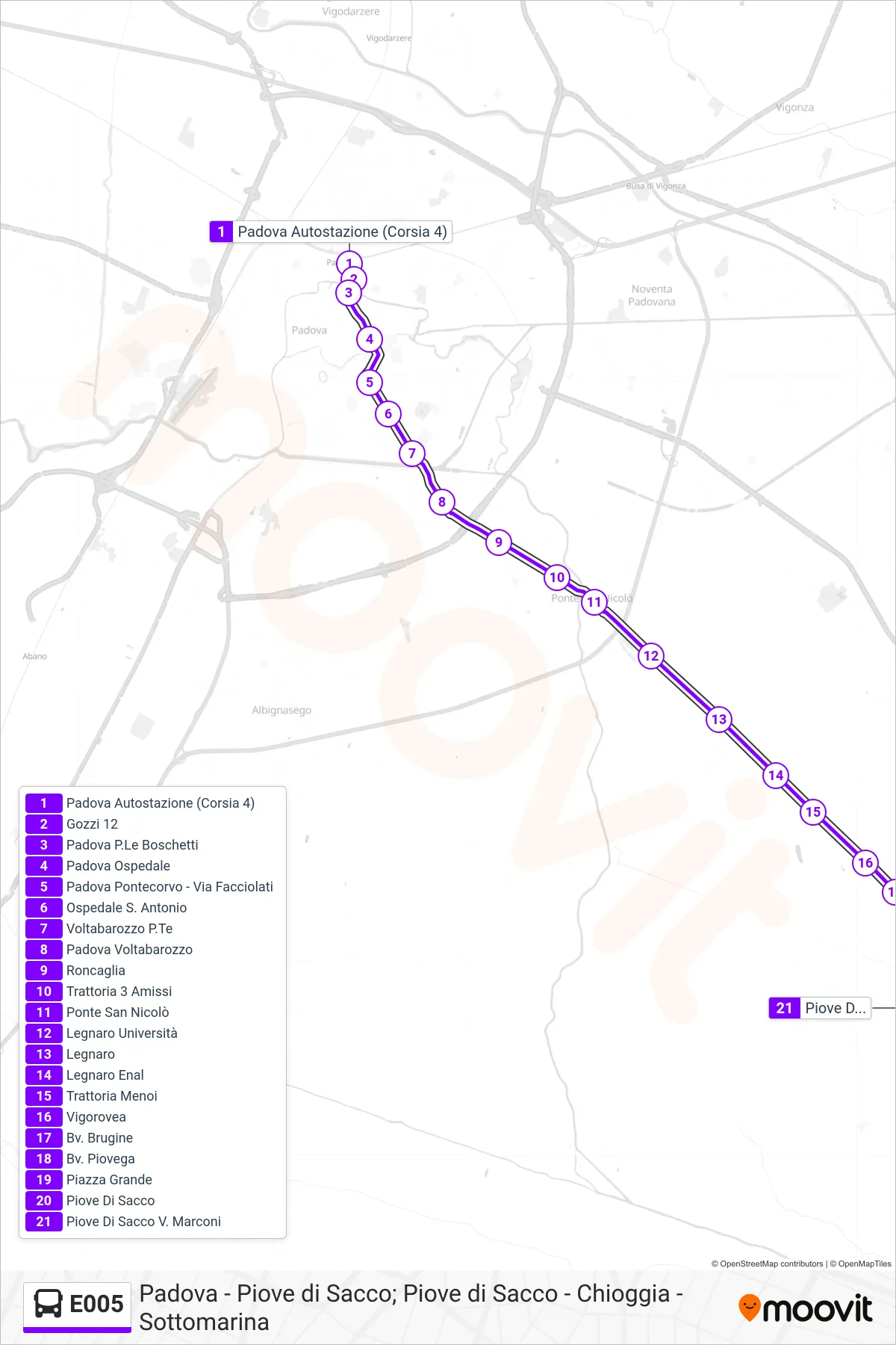 Linea E005 bus (Piove Di Sacco Autostazione) - Percorsi e fermate sulla mappa