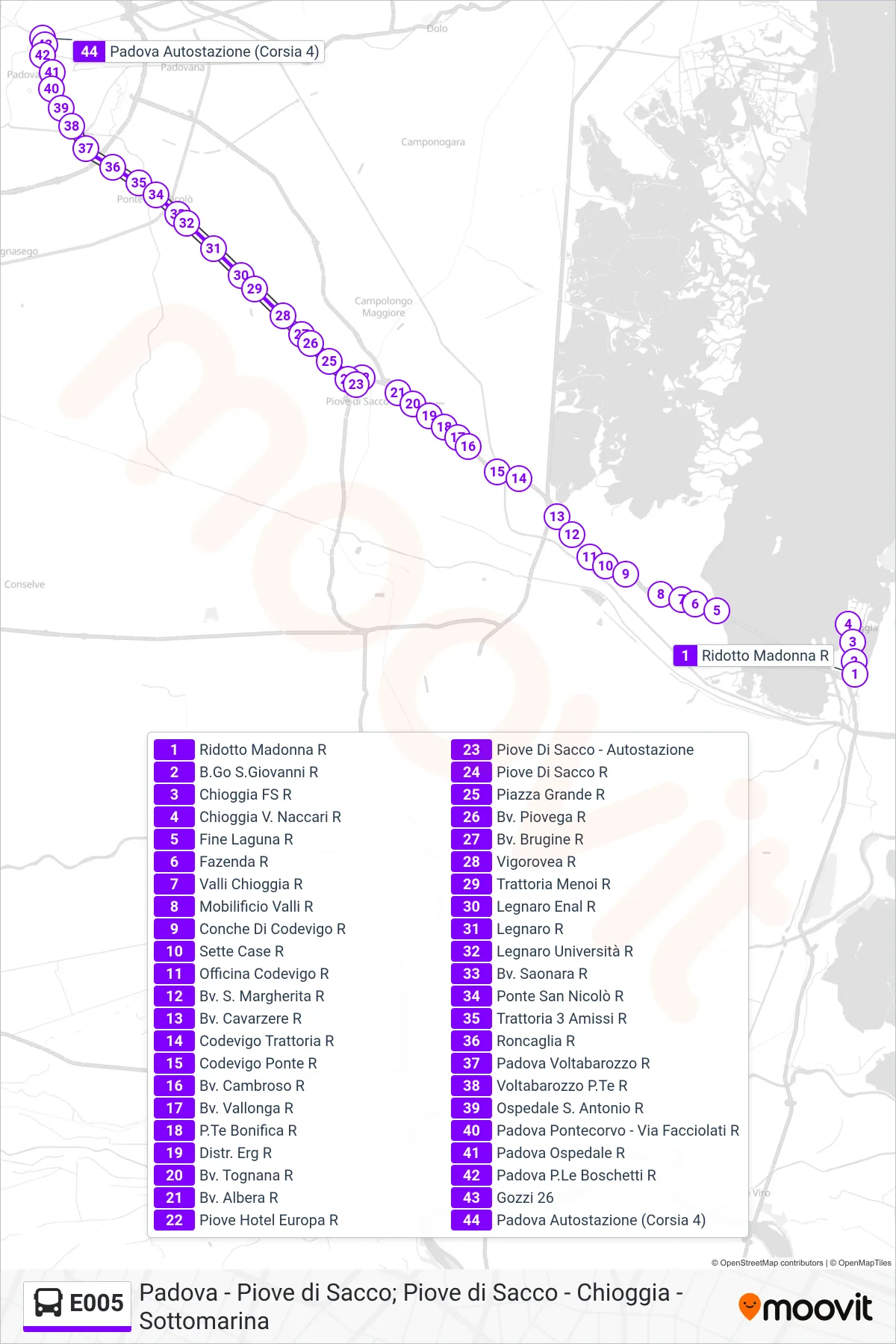 Linea E005 bus (Padova Autostazione) - Percorsi e fermate sulla mappa