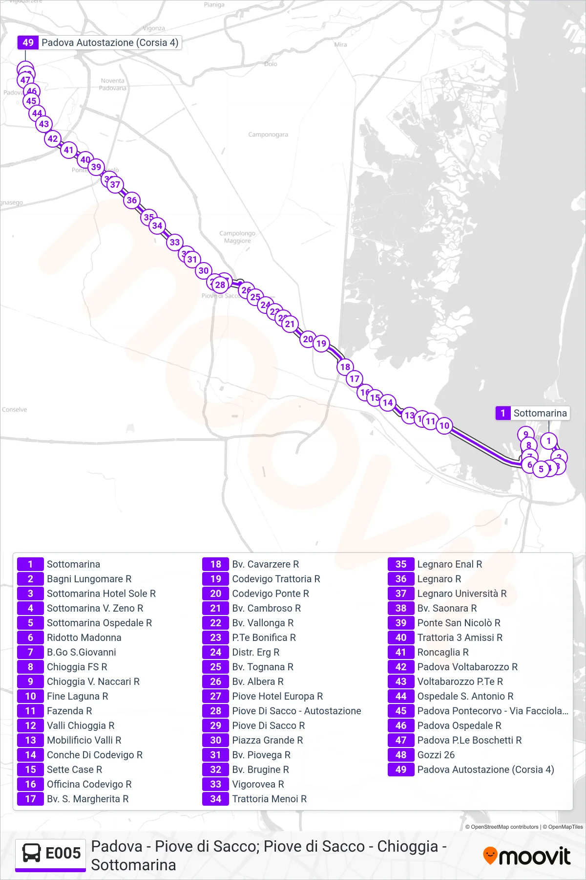 Linea E005 bus (Padova Autostazione) - Percorsi e fermate sulla mappa