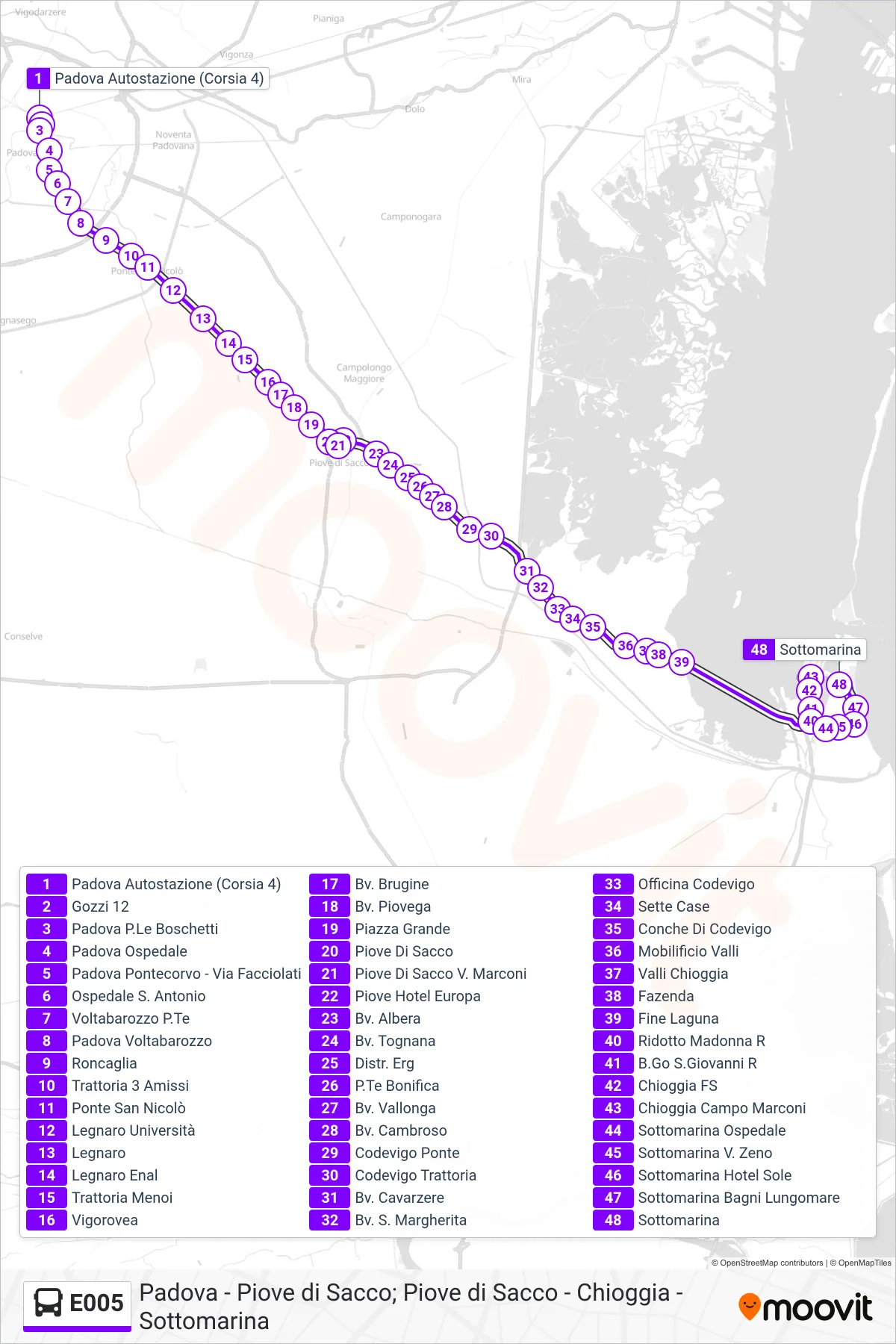 E005 bus Line (Sottomarina Bus Station) route and stops on a map