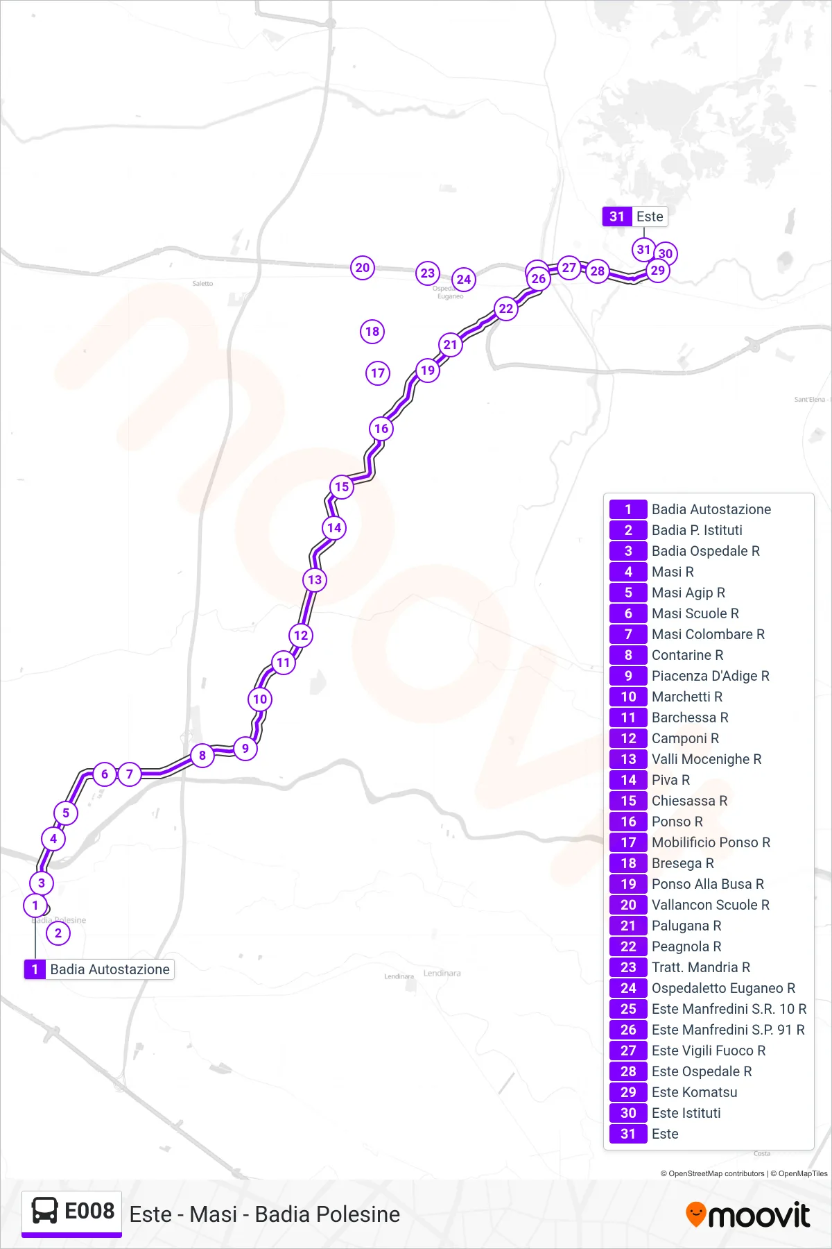 Linea E008 bus (Este) - Percorsi e fermate sulla mappa