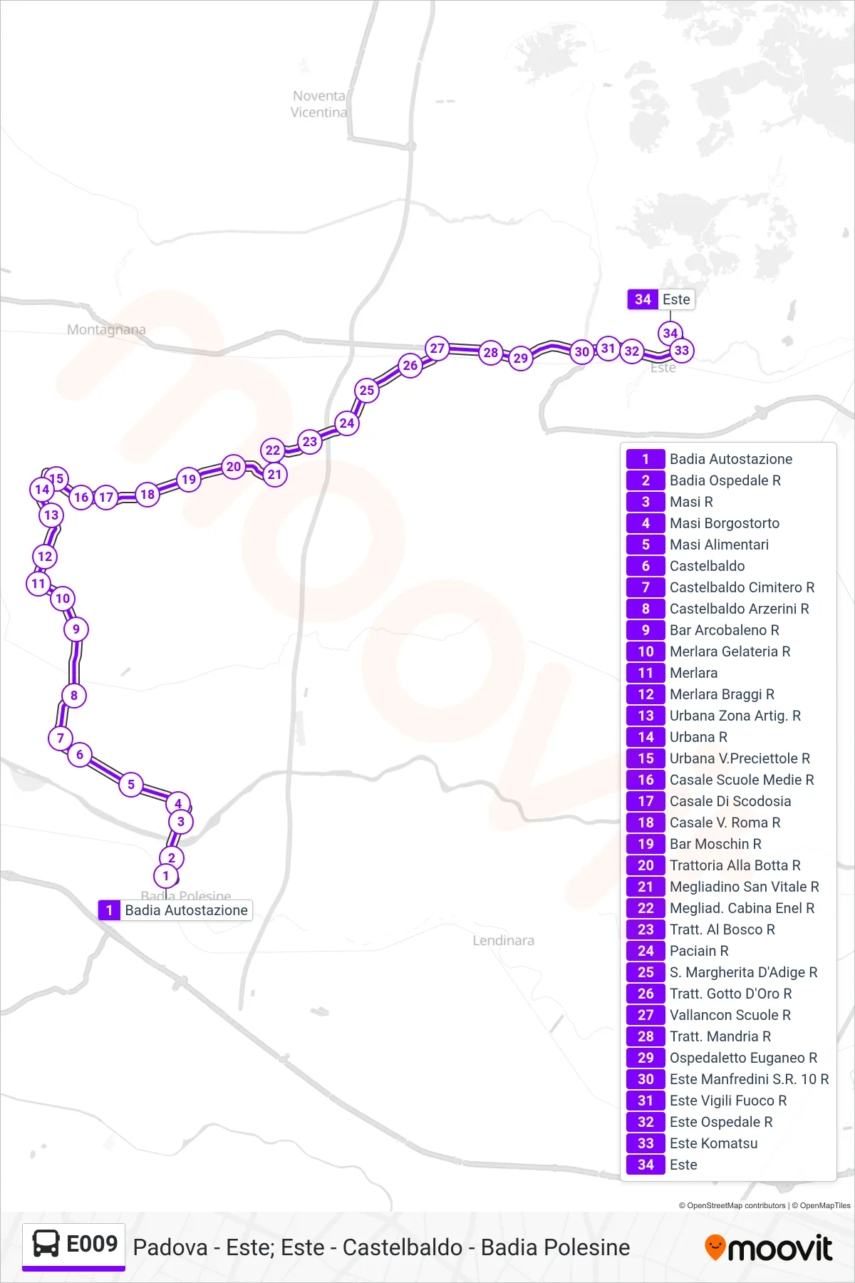 Linea E009  bus (Este) - Percorsi e fermate sulla mappa
