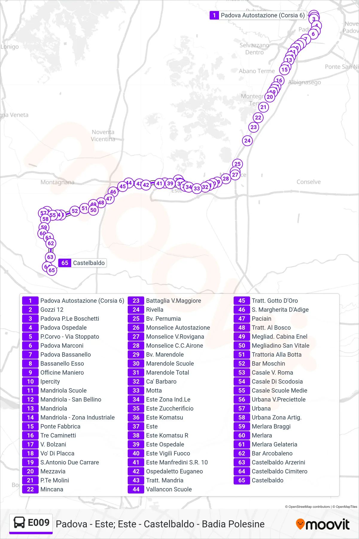 Linea E009 bus (Castelbaldo) - Percorsi e fermate sulla mappa