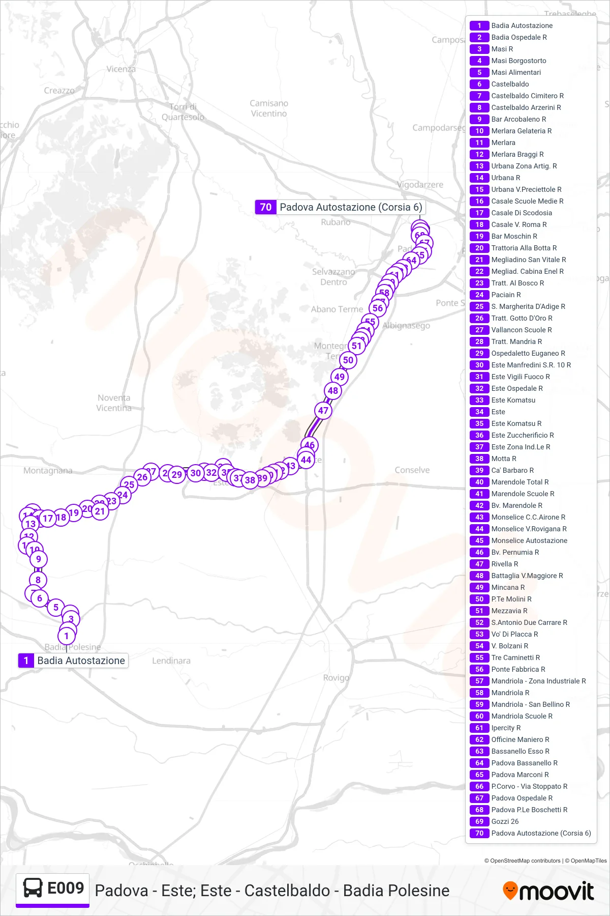 Linea E009  bus (Padova Autostazione) - Percorsi e fermate sulla mappa