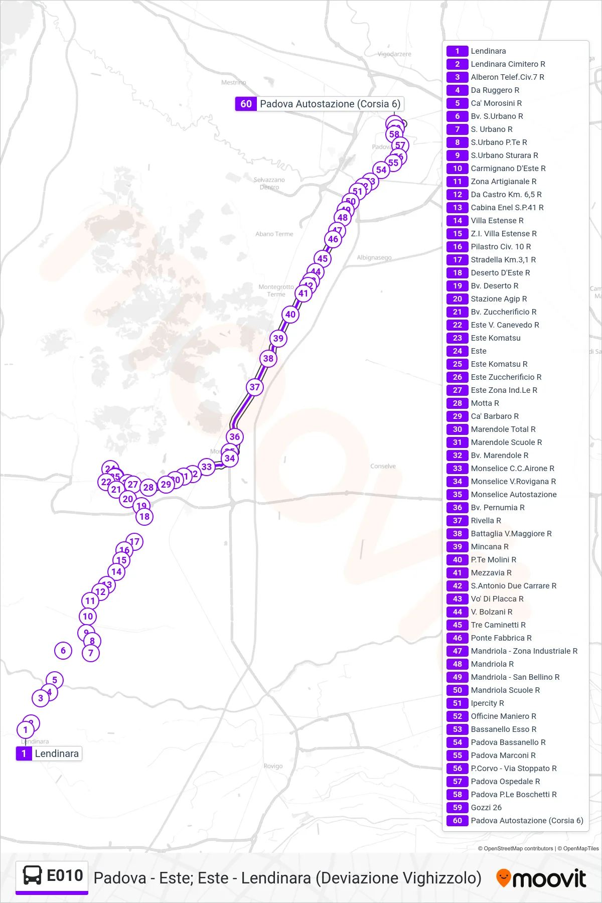 Linea E010  bus (Padova Autostazione) - Percorsi e fermate sulla mappa