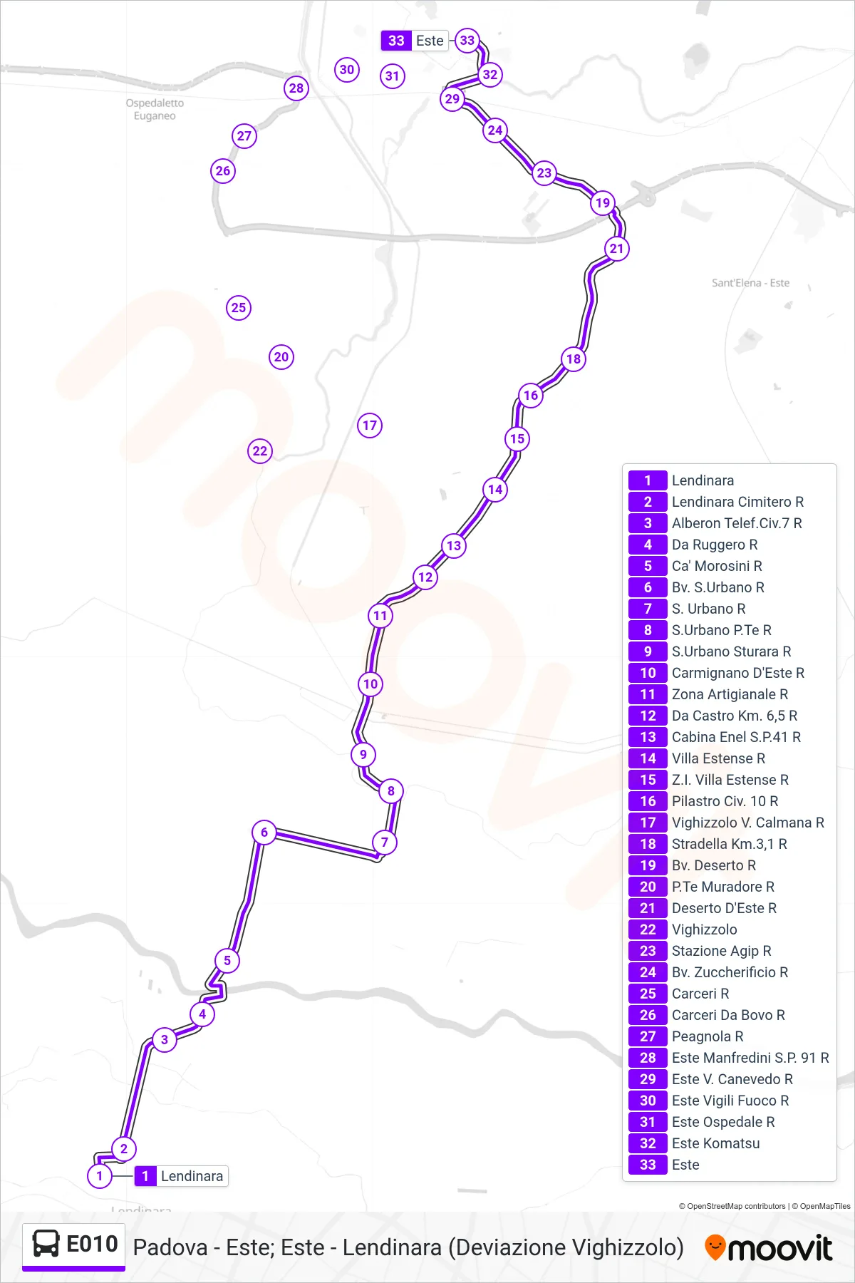 Linea E010 bus (Este) - Percorsi e fermate sulla mappa