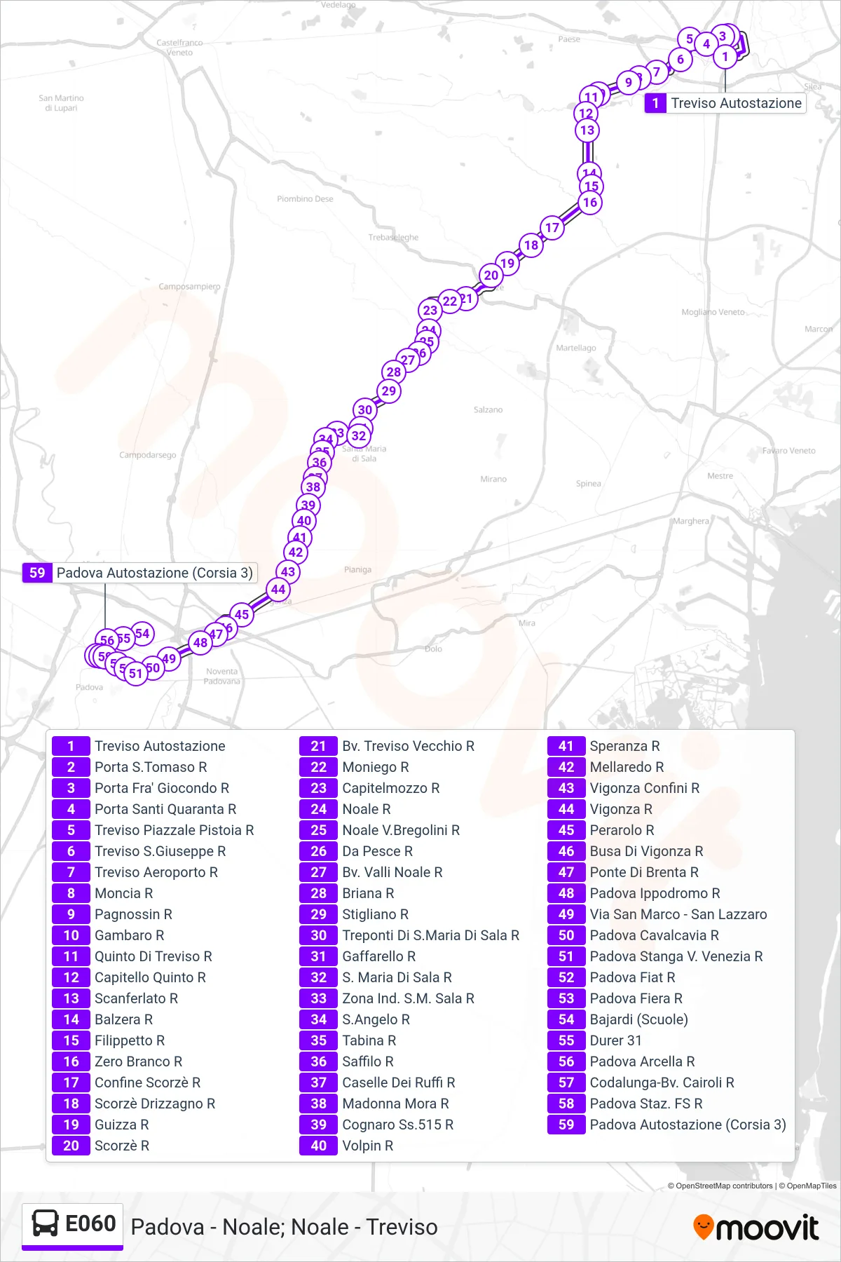 Linea E060  bus (Padova Autostazione) - Percorsi e fermate sulla mappa