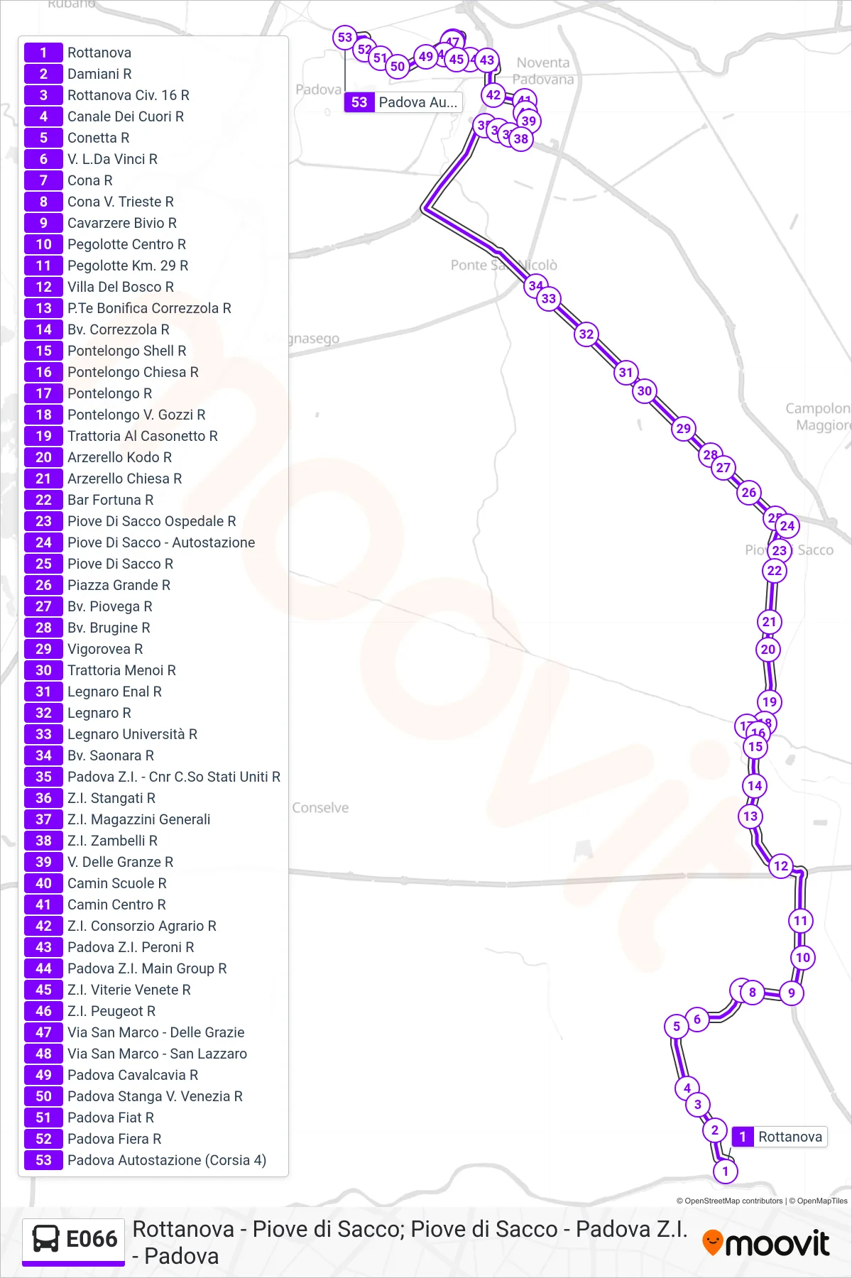 Linea E066  bus (Padova Autostazione) - Percorsi e fermate sulla mappa