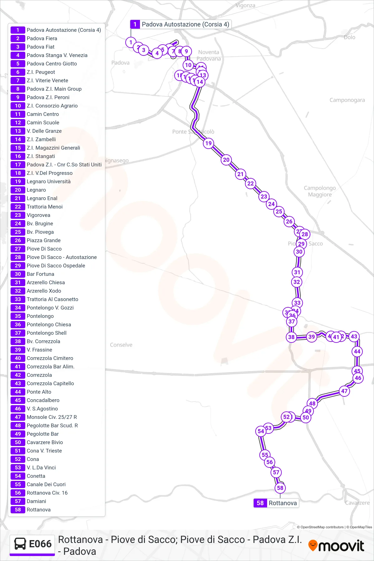Linea E066  bus (Rottanova) - Percorsi e fermate sulla mappa