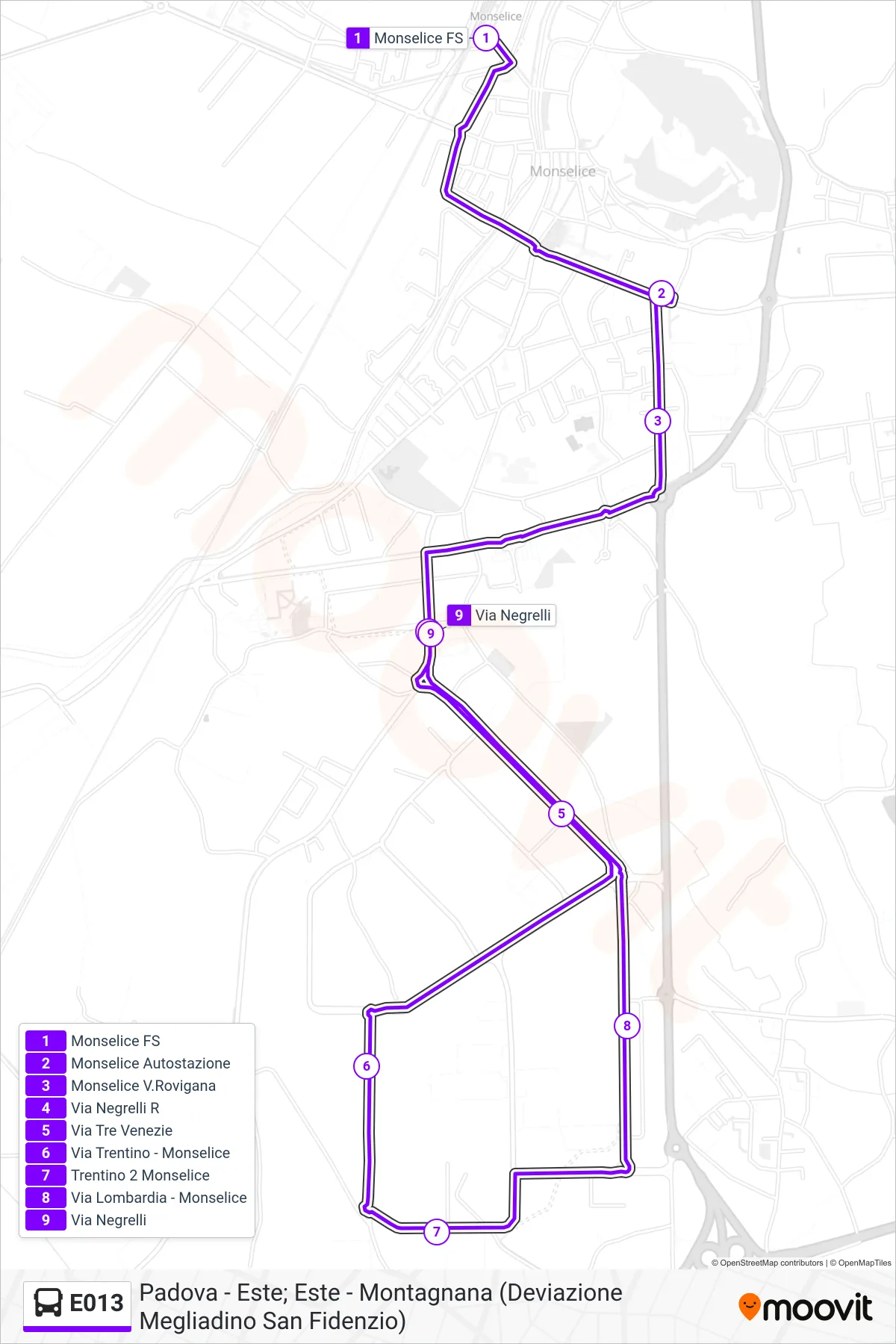 Linea E013  bus (Monselice Zona Industriale) - Percorsi e fermate sulla mappa