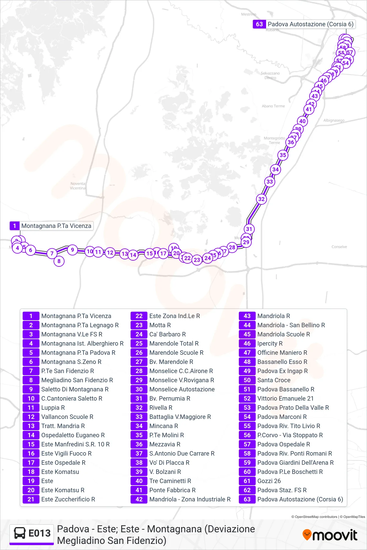Linea E013 bus (Padova Autostazione) - Percorsi e fermate sulla mappa