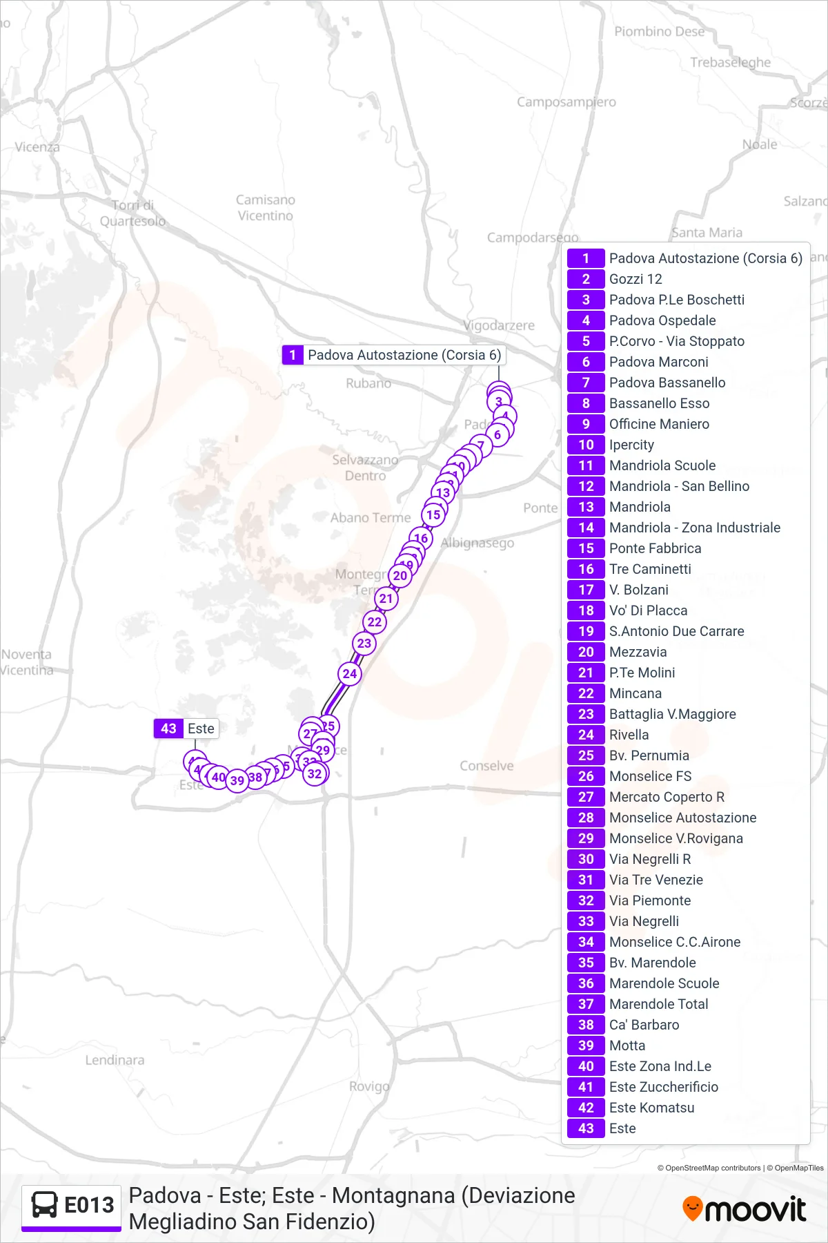 Linea E013  bus (Este) - Percorsi e fermate sulla mappa