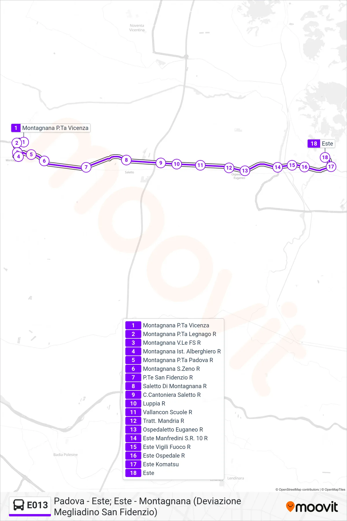 Linea E013 bus (Este) - Percorsi e fermate sulla mappa