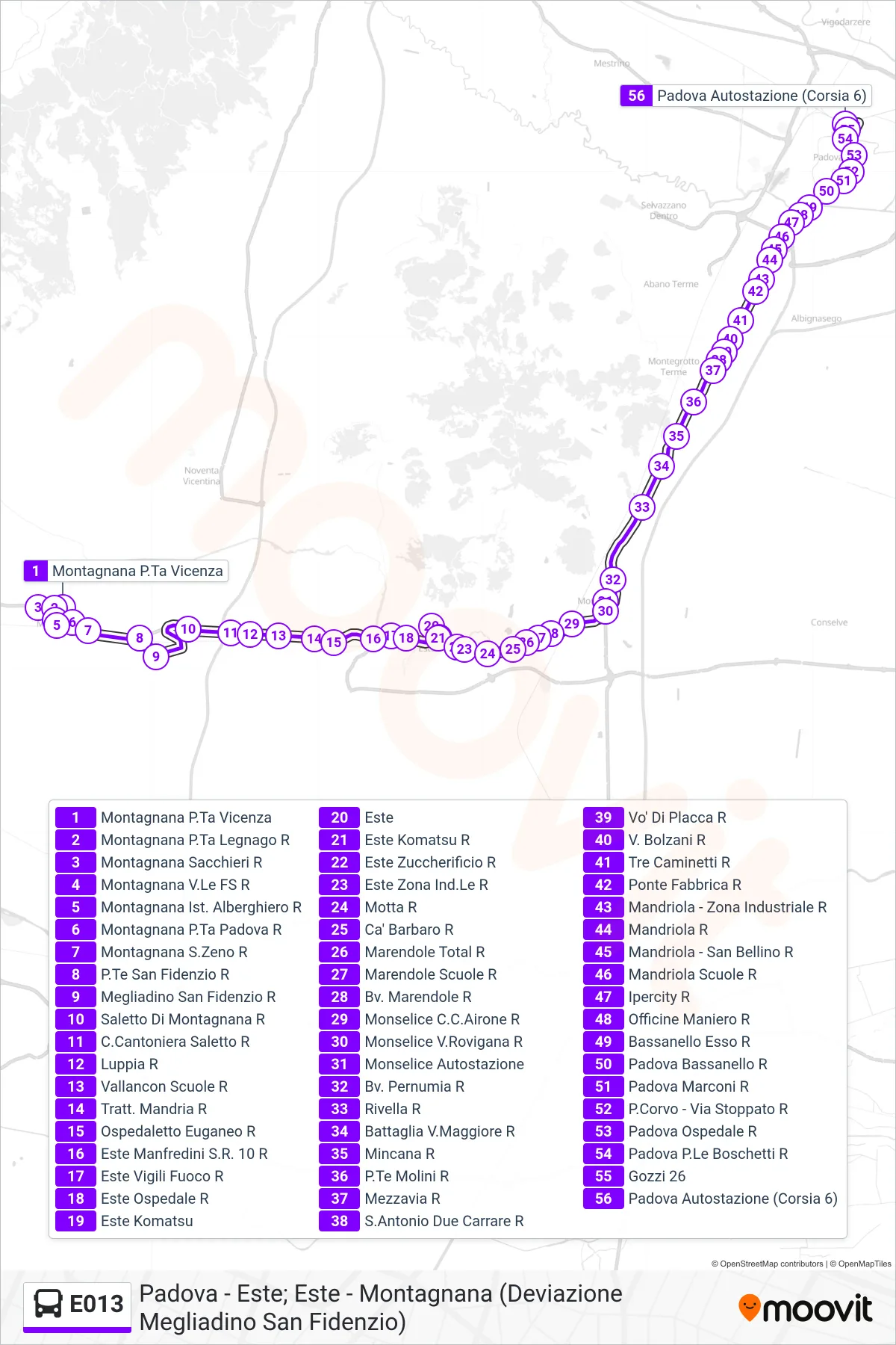 Linea E013  bus (Padova Autostazione) - Percorsi e fermate sulla mappa