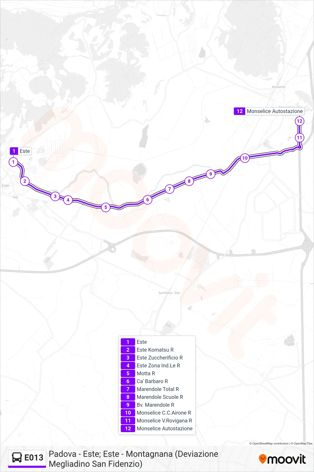 Linea E013  bus (Monselice Autostazione) - Percorsi e fermate sulla mappa