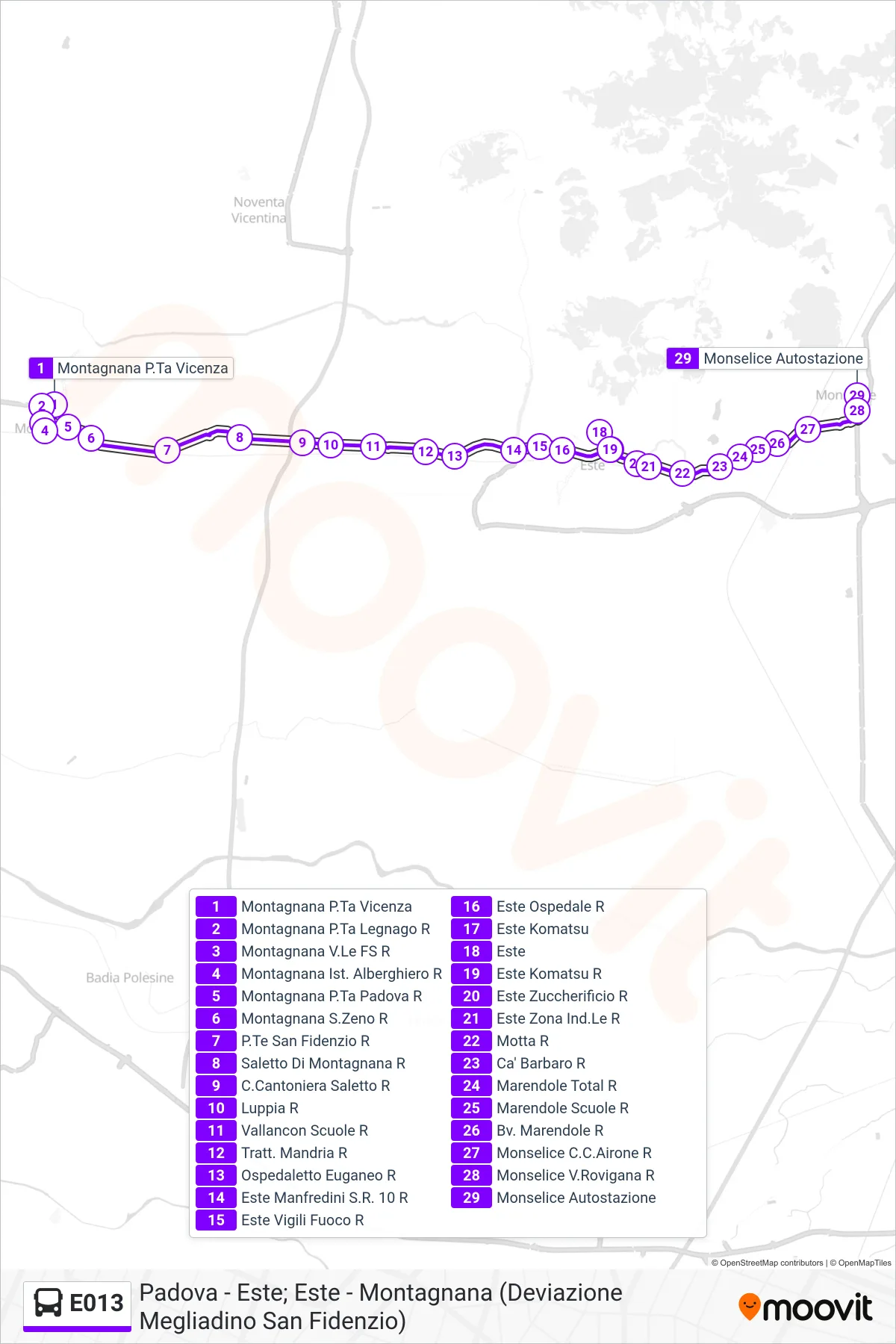 Linea E013 bus (Monselice Autostazione) - Percorsi e fermate sulla mappa