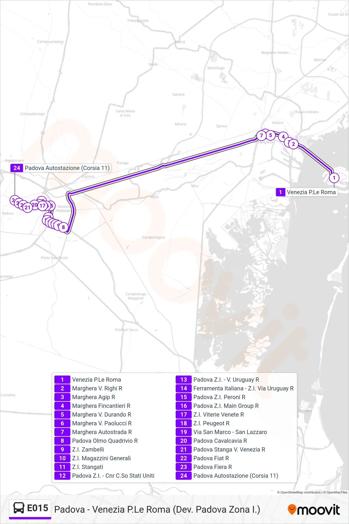 Linea E015 bus (Padova Autostazione) - Percorsi e fermate sulla mappa