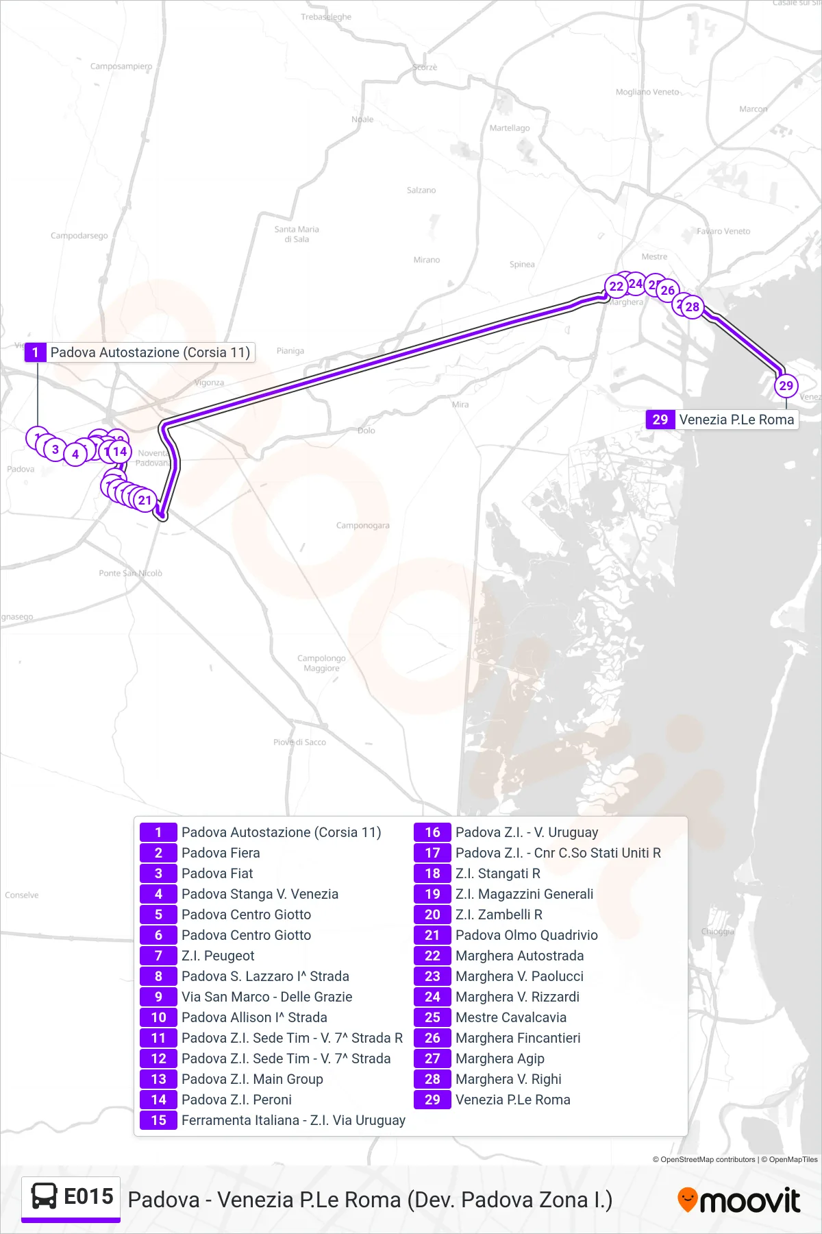 Linea E015  bus (Venezia P.Le Roma) - Percorsi e fermate sulla mappa