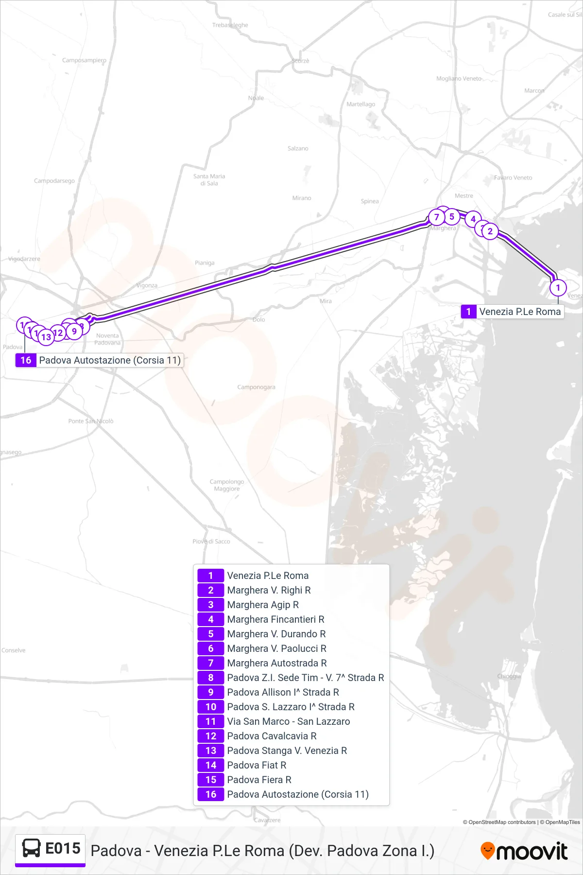 Linea E015 bus (Padova Autostazione) - Percorsi e fermate sulla mappa