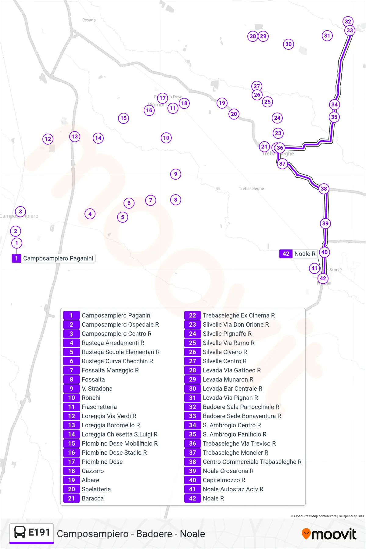 Linea E191 bus (Noale Autostazione) - Percorsi e fermate sulla mappa