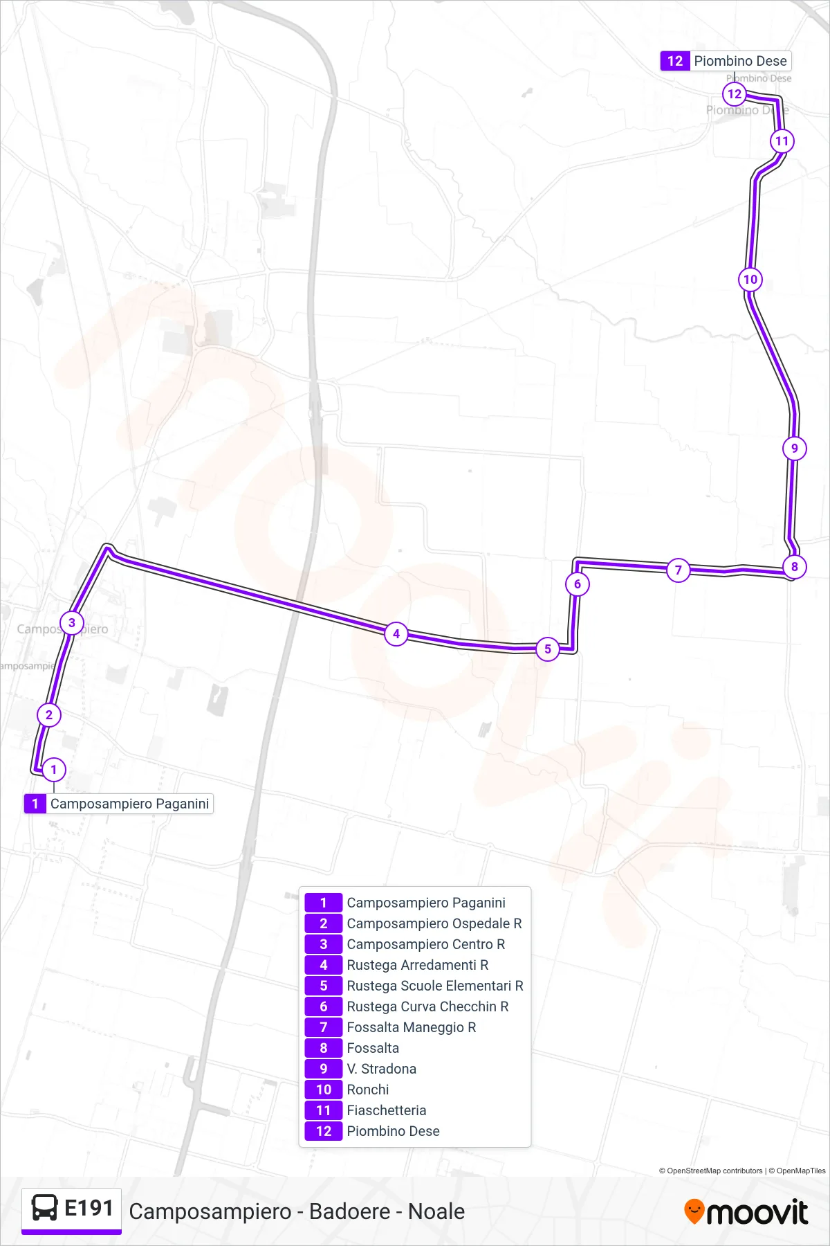 Linea E191 bus (Piombino Dese) - Percorsi e fermate sulla mappa