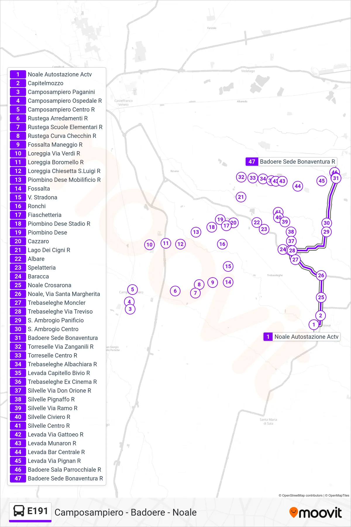 Linea E191 bus (Badoere) - Percorsi e fermate sulla mappa