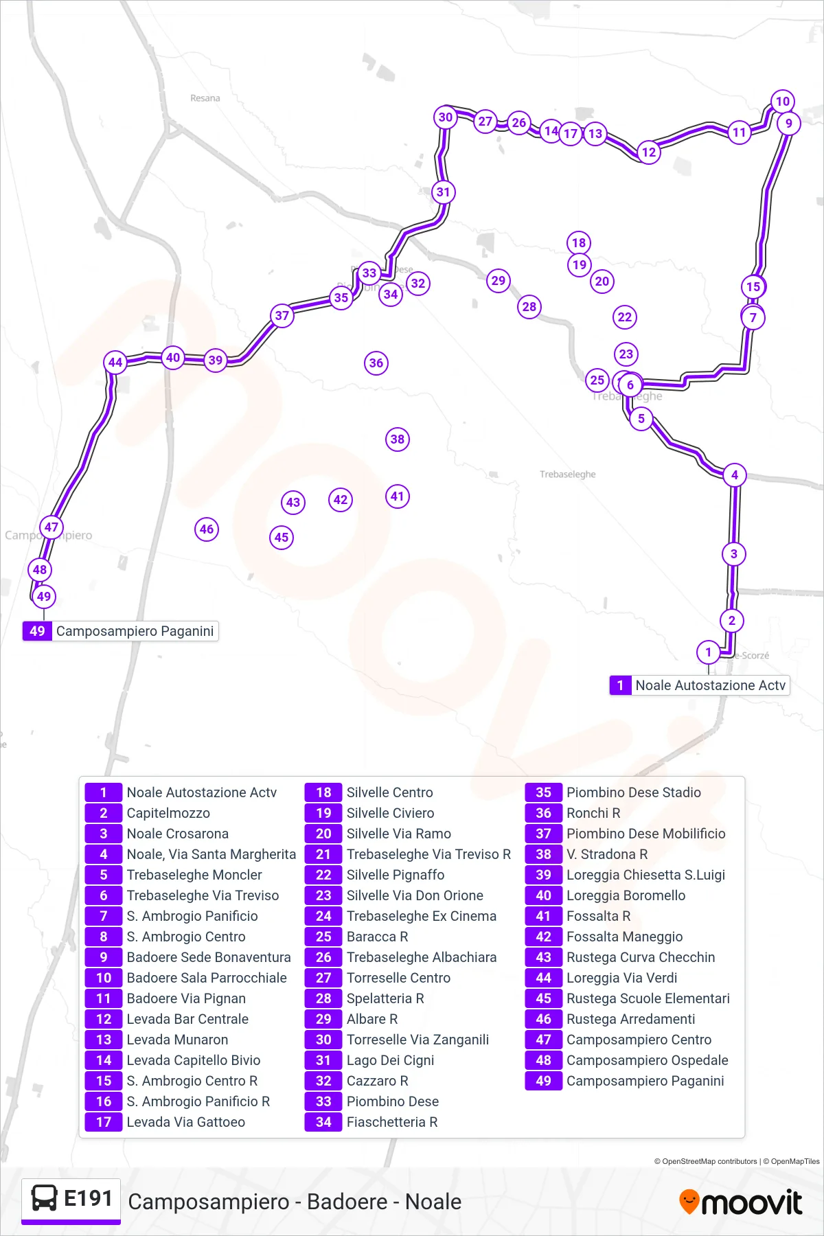 Linea E191  bus (Camposampiero Paganini) - Percorsi e fermate sulla mappa