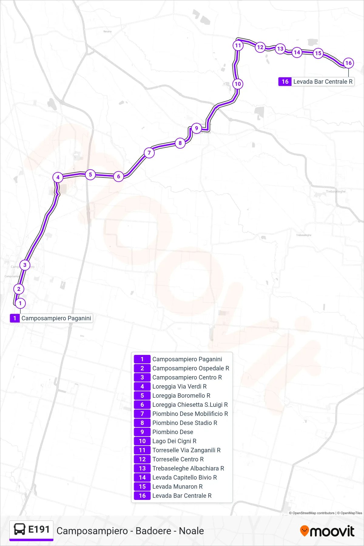 Linea E191  bus (Levada Bar Centrale) - Percorsi e fermate sulla mappa