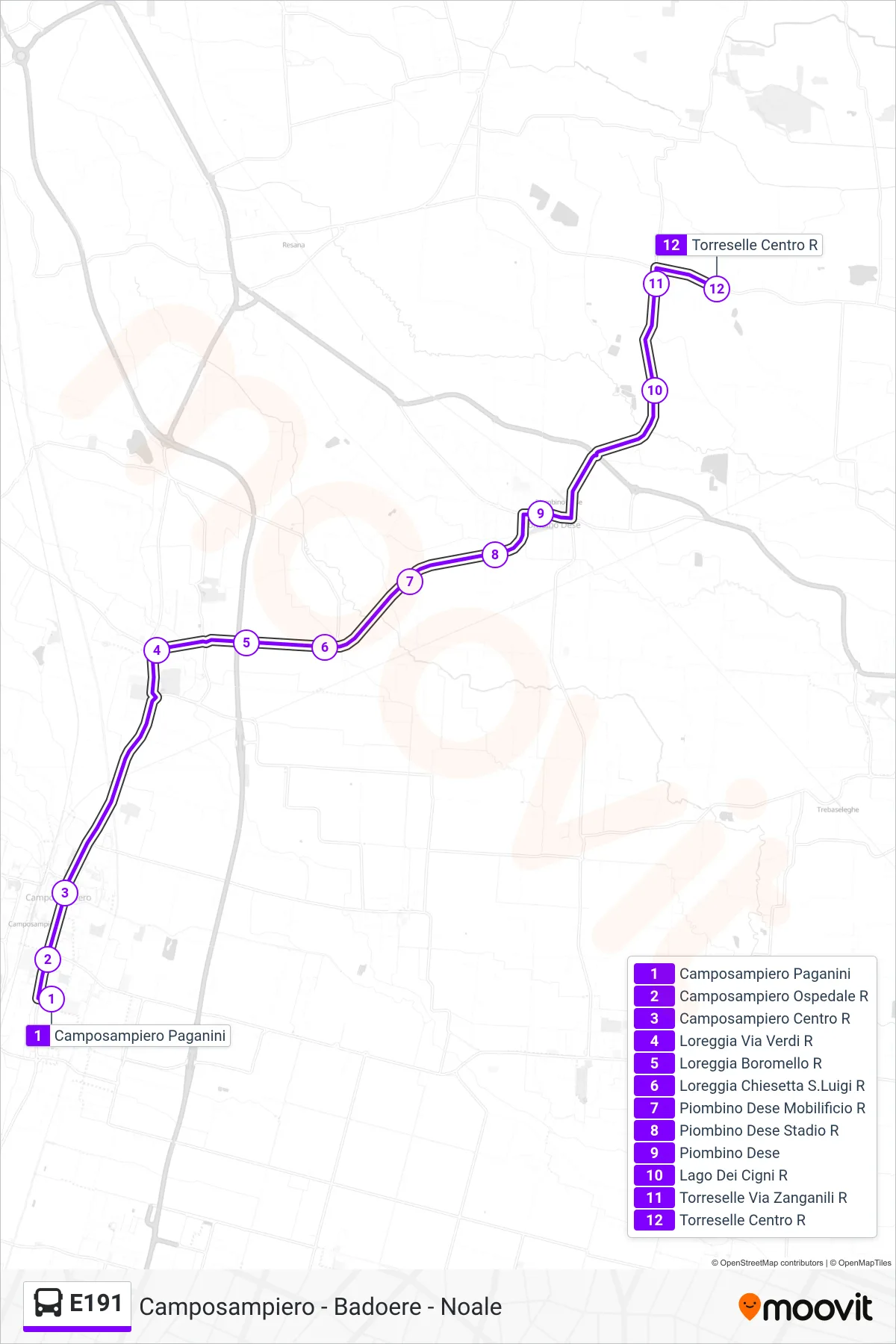 Linea E191 bus (Torreselle) - Percorsi e fermate sulla mappa