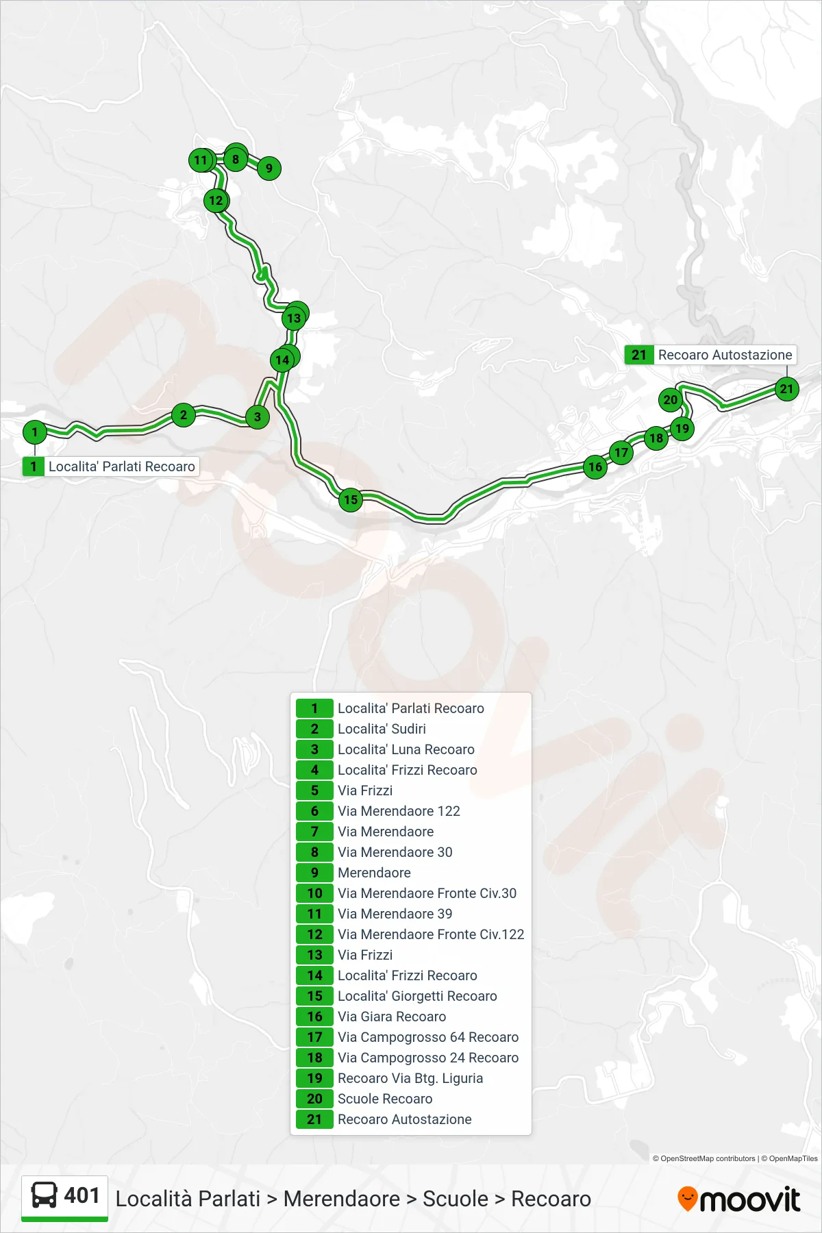 Linea 401 bus (Località Parlati > Merendaore > Scuole > Recoaro) - Percorsi e fermate sulla mappa